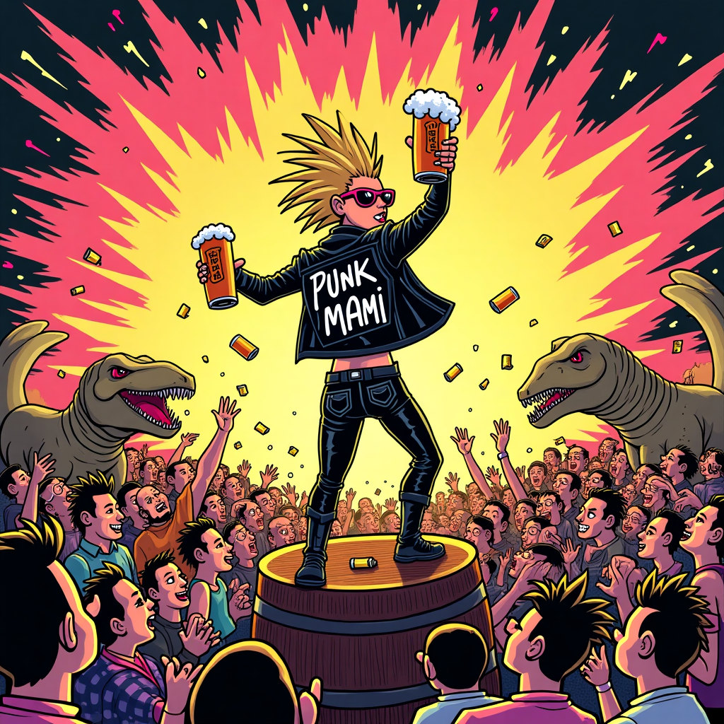 **Prompt for Illustration Image:**

At the top of the illustration image, in spiky, guitar-shredding letters:  
**“Happy BEER-thday MAMI — Let's Get Hopped Up and Headbang!”**

Illustrate a wild, funny punk rock festival scene bursting with chaos and beer-soaked joy. The crowd is full of rowdy, beer-chugging punk fans in spiky mohawks, ripped band tees, safety pins, and fishnets. Think slam-dancing dinosaurs with mohawks, flying beer cans, inflatable guitars, and maybe a beer-keg crowd surf!

Right in the middle, spotlight a hilarious scene: a bold, blonde woman (MAMI) triumphantly standing atop a makeshift beer barrel stage, wielding a foamy beer like a rockstar with a mic. She's wearing a studded leather jacket that says “PUNK MAMI” on the back and hot pink shades. She’s surrounded by a cheering mosh pit, who are either too drunk or too busy partying to know what's going on—but they LOVE IT.

Optional comic details: Beer cans doing stage dives, pigeons in mohawks stealing fries, porta-potty tipping drama, and an amp stack teetering from a spilled beer.

Let the color palette scream loud—neon pinks, electric yellows, deep blacks—and add dynamic movement with lightning bolts, sound waves, and splashy beer foam everywhere. Funny chaos is the vibe!
Generated with these themes: PUNK ROCK FESTIVAL WITH LOTS OF BEER, HAPPY BEER-THDAY MAMI, and MANY PEOPLE AND IN THE MIDDLE A BLONDE WOMAN WITH A BEER.
Made with ❤️ by AI.