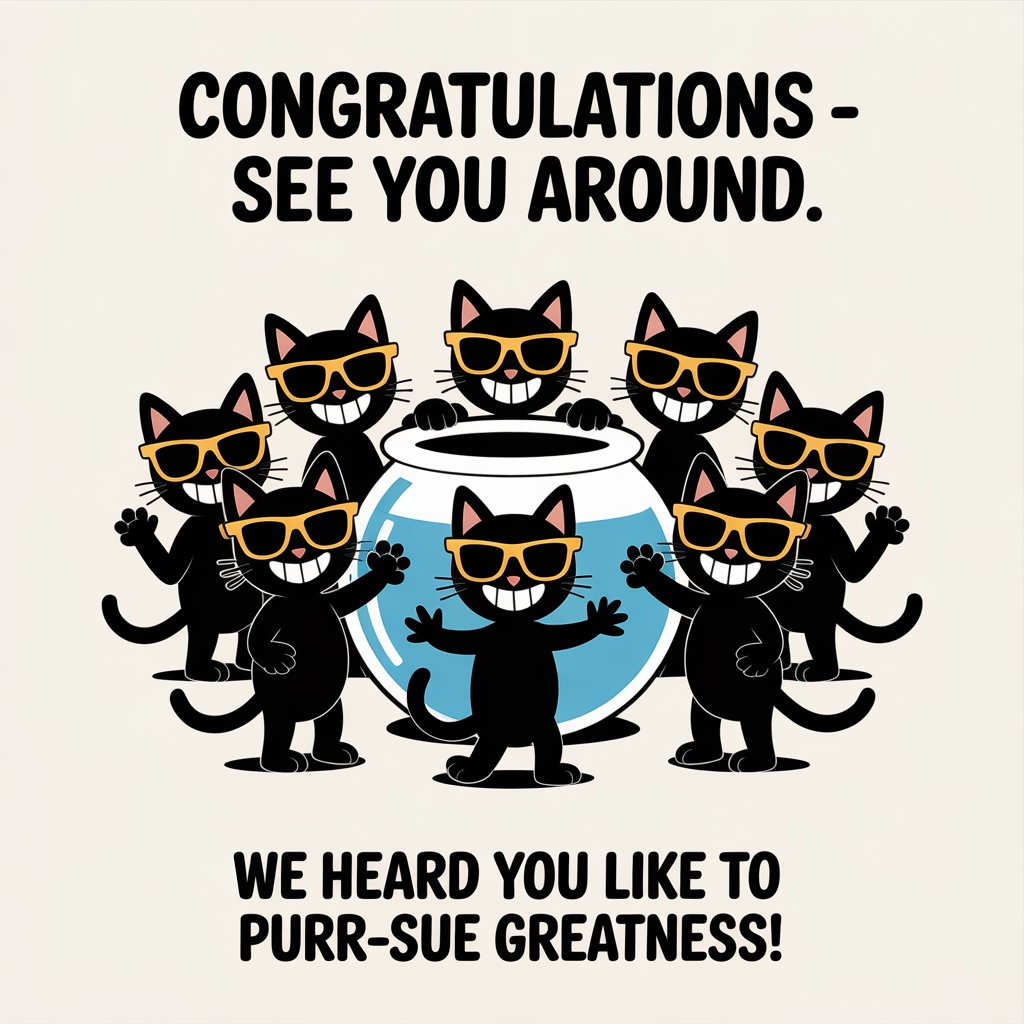 At the top of the image, "Congratulations - see you around":

- In the center, create a playful cartoon scene of a group of black cats, each sporting oversized sunglasses and mischievous grins, standing in a circle around a comically exaggerated fishbowl.

- Add at the bottom of the image, "We heard you like to purr-sue greatness!"
Generated with these themes: Black cats, and .
Made with ❤️ by AI.