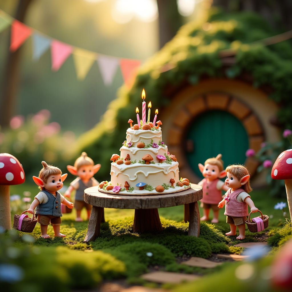 **Prompt:**

At the top of the realistic photograph image, "Hobbit Birthday Wishes, Lyulyachok — may your cake be bigger than your feet!"

A charmingly realistic photograph scene set in a sun-dappled hobbit garden. In the center, a beautifully decorated birthday cake towers on a mossy wooden table, frosted with mushrooms, flowers, and tiny doll-sized candles. Around it, tiny dolls dressed in adorable hobbit attire (waistcoats, pointy ears, and bare hairy feet) cheerfully carry wrapped presents in miniature baskets. Colorful bunting strung between toadstools and tree branches dances gently in the breeze. A teeny hobbit-door house with a round green door peeks out in the background. The lighting is soft and golden, casting warm shadows that add depth and cozy cuteness to the magical scene.
Generated with these themes: Hobbits, Dolls, Cake , and Presents.
Made with ❤️ by AI.