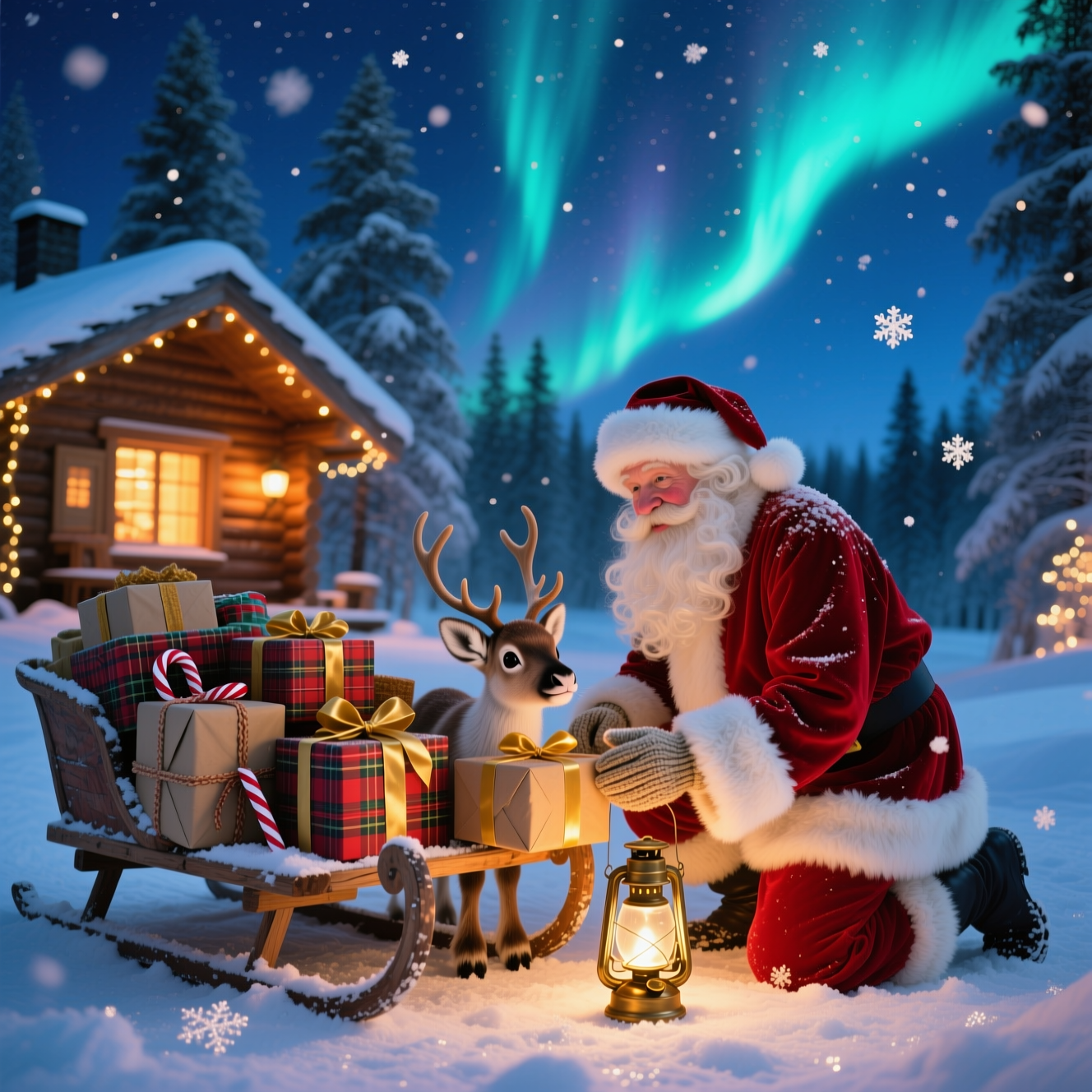 Ultra-high-definition 4K photorealistic winter scene in Lapland at blue hour: Santa Claus in a classic, snow-dusted red velvet suit with plush white fur trim kneels beside a weathered wooden sleigh overflowing with beautifully wrapped gifts (kraft paper, tartan patterns, candy-cane twine, gold satin ribbons). A curious baby reindeer with big gentle eyes nuzzles a present; their warm breath visible in the frosty air. Behind them, a cozy log cabin glows with amber window light and twinkling fairy lights; beyond, a snow-laden pine forest and sweeping aurora borealis arcs across a deep indigo sky. A brass lantern on the sleigh casts a soft golden key light on Santa’s rosy cheeks and textured fur trim; delicate snowflakes drift past the lens, snow crystals glitter on the ground. Cute, heartwarming, wholesome mood.

Camera and look: full-frame DSLR, 50mm lens, f/2.8, ISO 800, 1/200s. Realistic global illumination, accurate color science, lifelike textures (knit wool, leather gloves, rough wood grain, satiny ribbon), subtle natural grain. Shallow depth of field: Santa, reindeer, and gifts tack-sharp; cabin and pines softly blurred; gentle bokeh from fairy lights. Composition: low, slightly up-angled viewpoint; subjects on lower-right third; negative space in upper sky for caption.

Color palette: rich Santa red, forest green, warm amber lights, snowy whites, aurora teals and violets; high dynamic range, balanced contrast.

Text on image (single short, cheeky line): “Sleigh hello from Lapland!”
Text style: small, playful hand-lettered script in warm white with a soft golden glow and faint drop shadow; placed in the upper-right sky where the aurora is darker so it stays readable and unobtrusive.

No logos, no watermarks, no extra text.
Generated with these themes: Gifts, santa claus, lapland, and .
Made with ❤️ by AI.