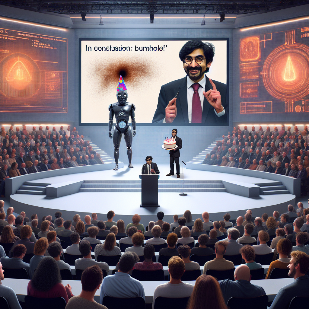Sam, who has dark hair and glasses, is giving a lecture to a packed auditorium about his AI research paper for a famous conference , The screen Sam is presenting on just has the text "In conclusion: Bumholes" and nothing else, There is an evil AI somewhere in the background , and Someone is walking onstage with a party hat and birthday cake, saying to Sam "Happy Birthday!" In a speech bubble Birthday Card