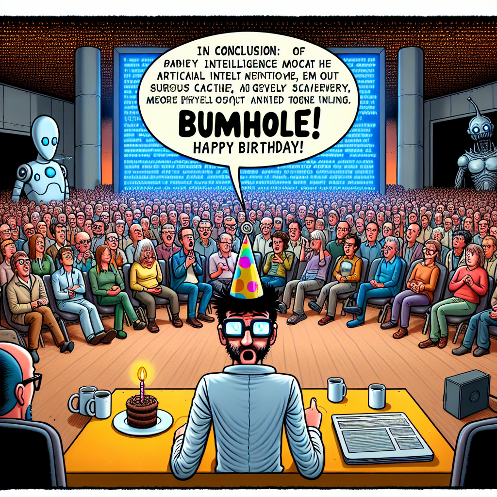 In a paradoxical situation mixing the ordinary and the extraordinary, a room filled with diverse people in an auditorium is riveted on every utterance as an individual named Sam, wearing glasses with dark hair, discloses details about his artificial intelligence discovery. The words 'In conclusion: Bumhole' are displayed on a gigantic screen behind him, introducing a comedic twist to the seriously toned gathering. A menacing artificial intelligence entity lurks in the shadows, providing an ominous atmosphere. Then, to interrupt the mixed moods, an individual appears on stage sporting a festive cone hat and holding a birthday cake, announcing 'Happy Birthday!' to Sam. This message is encapsulated in a comic strip speech bubble, injecting a jovial surprise into the predominantly lifelike scene.
Generated with these themes: Sam, who has dark hair and glasses, is giving a lecture to a packed auditorium about his AI research paper for a famous conference , The screen Sam is presenting on just has the text "In conclusion: Bumholes" and nothing else, There is an evil AI somewhere in the background , and Someone is walking onstage with a party hat and birthday cake, saying to Sam "Happy Birthday!" In a speech bubble .
Made with ❤️ by AI.
