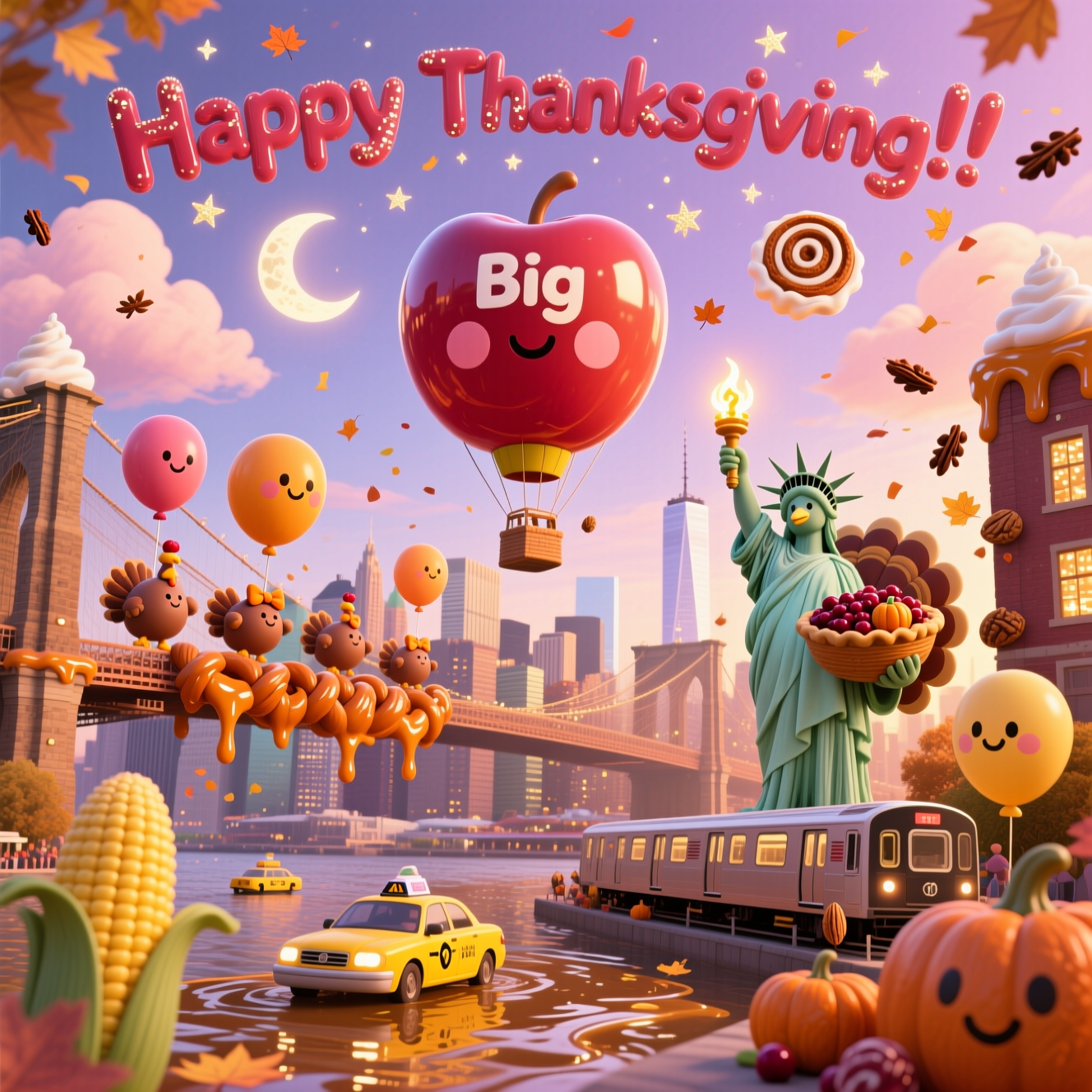At the top of the Surreal Style image, Happy Thanksgiving!!!

A dreamy, cute-surreal New York City Thanksgiving scene: a melting pumpkin‑pie Manhattan skyline, skyscrapers oozing warm maple syrup and studded with shiny pecans, windows twinkling like sugar crystals. A giant glossy “Big Apple” hot‑air balloon with rosy cheeks floats above, tethered by a parade of chubby, smiling turkey balloons in tiny leaf bowties, their strings looping like caramel ribbons. The Brooklyn Bridge becomes a braided challah spanning a shimmering gravy river where corn‑kernel yellow taxis happily bob, and gravy‑boat subway cars glide beneath. The Statue of Liberty is reimagined as a friendly turkey guardian, holding a glowing wishbone torch and a cornucopia tablet spilling cranberries and mini pumpkins. Whipped‑cream clouds and cinnamon‑roll moon drift in a peach‑to‑lavender sky; clove‑star constellations sparkle. Autumn leaves confetti swirl with soft streamers; kawaii faces on buildings, taxis, and balloons add irresistible charm. Ethereal golden hour lighting, gentle bloom and rim light, painterly textures, soft rounded shapes, shallow depth of field, warm cranberry, pumpkin, and sage palette, cozy celebratory mood.

Render the top text in puffy cranberry‑jelly lettering with a sugar‑sparkle finish and a soft golden glow, gently arcing across the sky.

Place a tiny, hand‑lettered caption near the bottom right, on a drifting leaf banner: “Gobble up the Big Apple good news!”
Generated with these themes: New York City and Thanksgiving, and .
Made with ❤️ by AI.