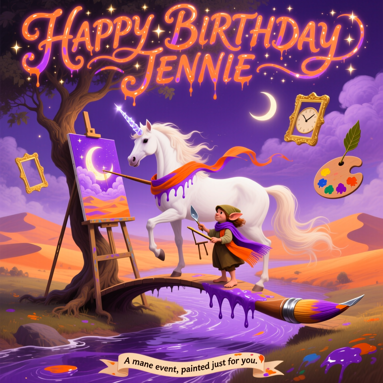 Mystical creature, female hobbit or unicorn, Art. Purple. Orange, and Birthday Card