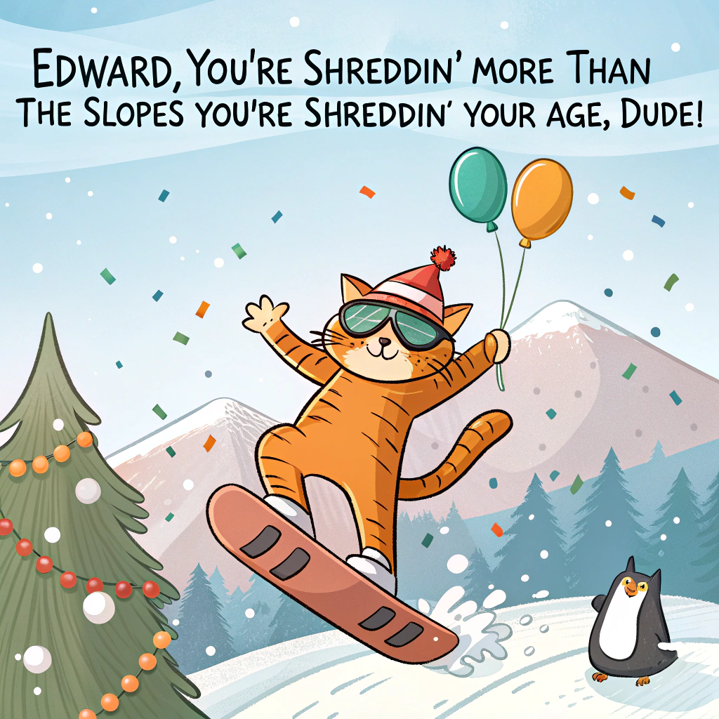 At the top of the image, "Edward, you're shreddin' more than the slopes—you're shreddin' your age, dude!"

- Depict a cartoon-style orange tabby cat, mid-air on a snowboard, striking an exaggerated trick pose like a backflip with sunglasses on and a party hat flapping in the wind.  
- The background shows a snowy mountain landscape with birthday balloons tied to pine trees and confetti snowflakes falling from the sky.  
- Below the cat, other animals (like a penguin and a squirrel) watch in amazement, holding signs that say “PAWSOME!” and “FUR-REAL?”  
- Add a slice of birthday cake flying out of a backpack the cat is wearing, with frosting trailing in a comic swirl.
Generated with these themes: Orange tabby cat, and Snowboarding.
Made with ❤️ by AI.