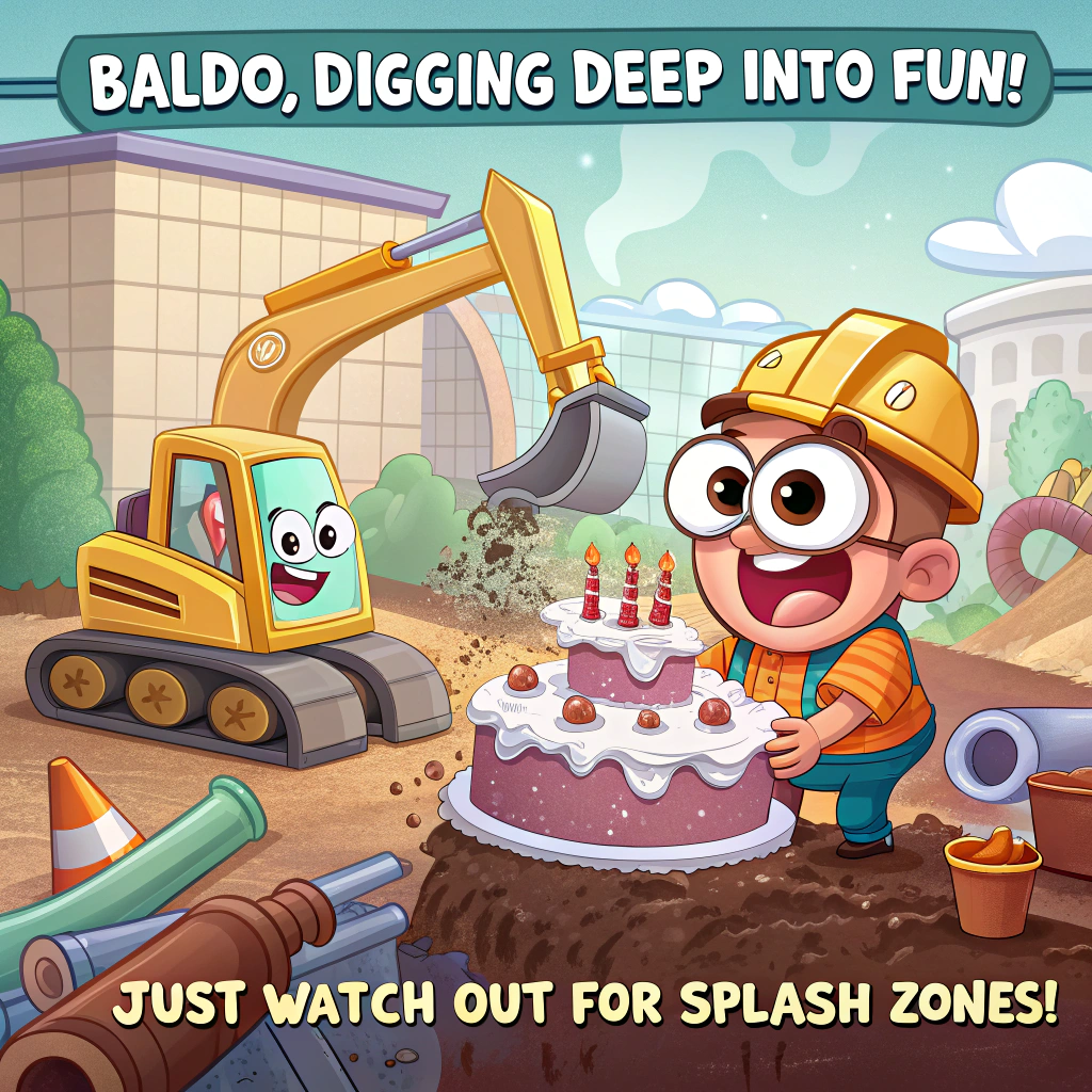 Excavator, sewer and water, laborer laying pipe, and Birthday Card