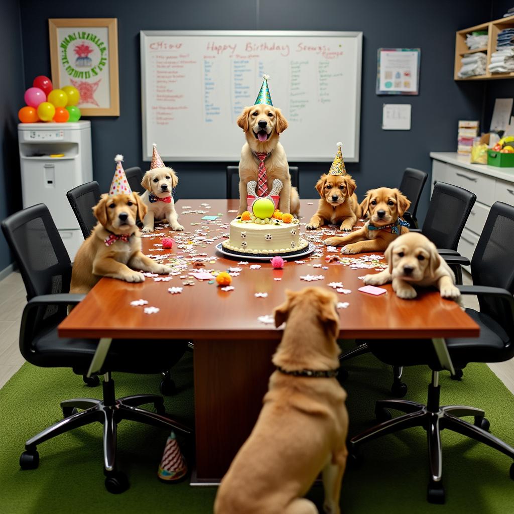 In a bustling WeWork office, a delightful scene unfolds, transforming the space into a whimsical 'Puppy Board Meeting' playground. At the heart of it all is a large, polished wooden conference table, adorned with colorful birthday hats, paw-printed confetti, and an array of chew toys that amusingly mimic office supplies. Around the table are a group of adorable puppies, each sporting a tiny tie and a birthday hat tipped to one side. The chair at the head of the table, slightly larger than the others, is occupied by a charming golden retriever puppy wearing a mini 'CEO' tag, with a birthday hat comically perched on one ear. In front of him sits a hefty bone wrapped in a bright red ribbon. The table boasts a two-tier cake, creatively designed with the top tier resembling a tennis ball, and the bottom covered in icing that imitates office wallpaper. In the background, a whiteboard captures birthday messages and playful pie charts that compare 'naps to playtime ratios.' Nearby, a water cooler overflows with colorful balls, while a photocopier is humorously jammed with party flyers. Cubicles around the room burst with streamers, and a speaker on top of a filing cabinet softly plays a whimsical rendition of 'Happy Birthday' in a bark melody. Beneath it all, a plush green carpet mimics grass, where a few puppies tug playfully on a long rope made from recycled ethernet cables. The scene radiates organized chaos peppered with a hint of puppy anarchy, turning the sophisticated WeWork office into a vibrant celebration of canine joy and birthday fun.

Generated with these themes: Puppies in the office, and WeWork.
Made with ❤️ by AI.