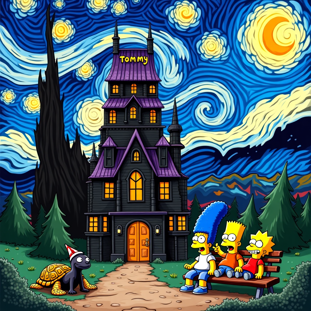 Horror movies, Lego, Starry night , Dali, Black cat, Tortoise, and The simpsons Birthday Card