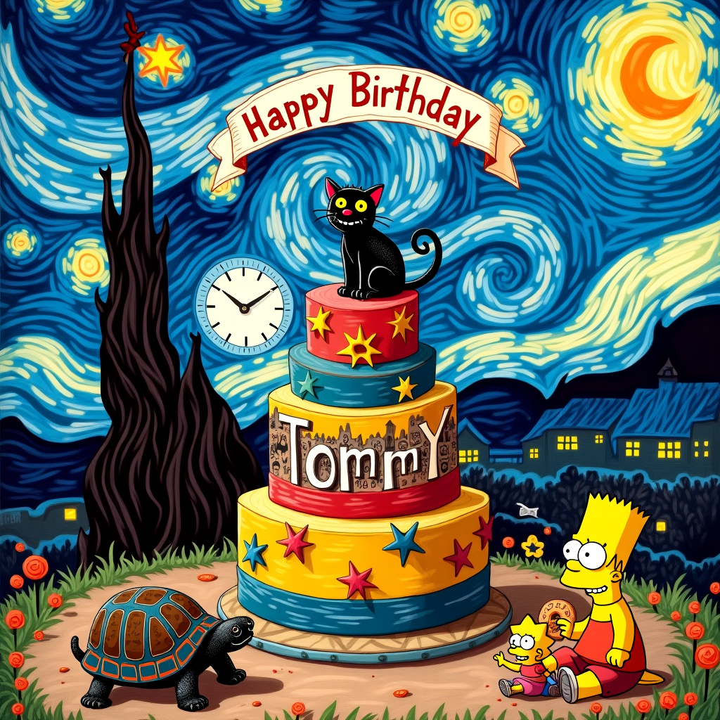The front cover of the greeting card features a vibrant, detailed, hand-drawn birthday scene. 

The foreground is dominated by a towering birthday cake, shaped like a blocky, multicolored LEGO structure, with layers in bright primary colors of red, yellow, and blue. The cake is topped with a tiny black cat figurine, its eyes wide and a mischievous grin on its face. The cat’s tail curls playfully, just barely touching the letters of "Tommy," which are spelled out in the starry night sky above. 

The background swirls with a Van Gogh-inspired starry night, deep blues and swirling whites creating a celestial canvas, while, in the middle distance, surreal, melting clocks reminiscent of Dali dangle from the branches of an impossibly gnarled tree, their faces distorted and dripping over the limbs.

In the center, a tortoise ambles across the scene, its shell painted with a collage of horror movie posters, featuring iconic monsters in shades of deep crimson, shadowy blacks, and ghostly whites, adding an edge of thrilling detail. Next to it, the Simpsons family stands, rendered in their signature vibrant yellows, posed as though frozen in one of their characteristic comedic tableaux, with Homer holding a donut half-way to his mouth.

On the left side, a haunted house stands, its silhouette etched in the inky black of Edward Gorey’s style, with its spires and windows jaggedly outlined, peeking from the darkness with an eerie charm. Aubrey Beardsley’s influence can be seen in the intricately detailed floral motifs that wrap around the bottom of the scene, framing the birthday tableau with a flourish of elegant black and white line work.

Above, a single banner unfurls from the sky, embroidered with stars and reading "Tommy," echoing the swirling celestial pattern above. The entire scene is bathed in a soft, ethereal glow reminiscent of Maxfield Parrish's dream-like lighting, pulling all elements together in a fantastical birthday celebration.
Generated with these themes: Horror movies, Lego, Starry night , Dali, Black cat, Tortoise, and The simpsons.
Made with ❤️ by AI.