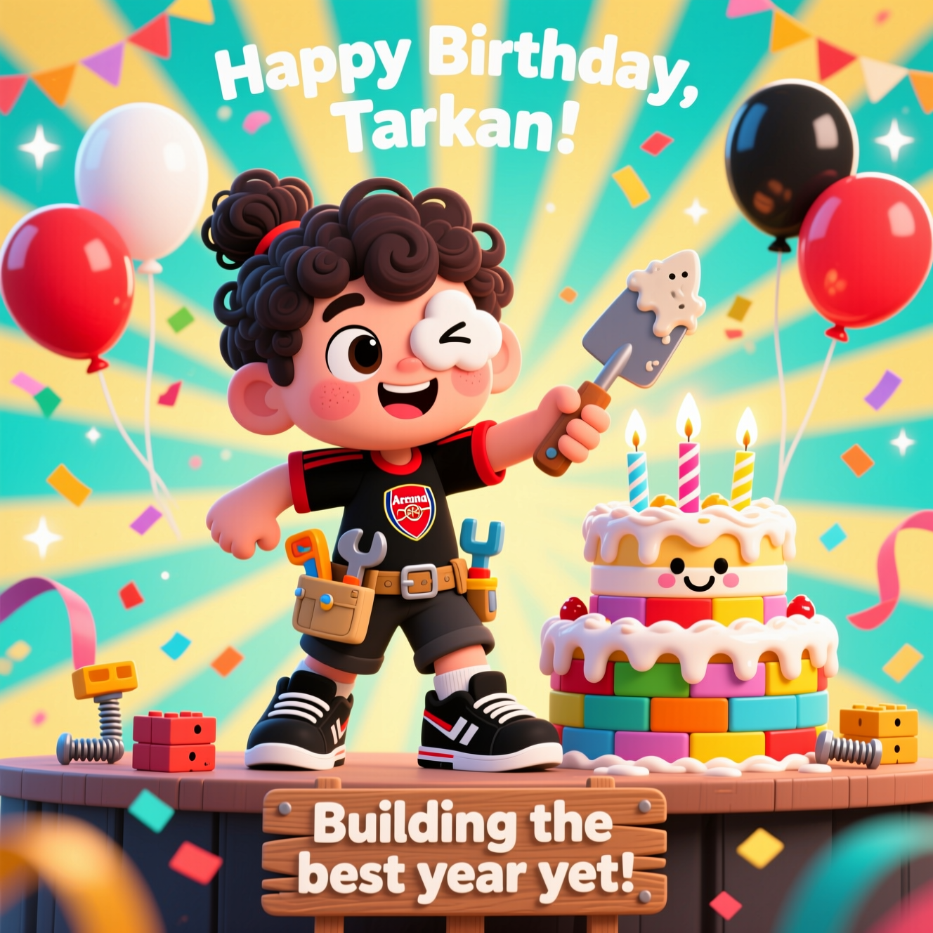 At the top of the Cartoon Style image, Happy Birthday, Tarkan!

A cute, vibrant cartoon scene with exaggerated proportions and thick outlines: a chibi-style builder stands center stage, beaming. He has dark curly hair tied in a bun, a friendly face with rosy cheeks, and a softly cloudy right eye (blind) contrasted with a bright, lively left eye. He wears a black Arsenal football top with red accents, black Shox sneakers with visible springy coils, and a tan tool belt packed with chunky, toy-like tools.

He’s mid-action, striking an energetic pose as he smooths sugary “mortar” with a trowel onto a whimsical, tiered birthday cake made from colorful bricks. The cake has glowing candles and frosting drips; a few smiling bricks and screws add extra cuteness. Confetti, streamers, and red-white-black balloons swirl around him. The background is a cheerful radial burst gradient (turquoise to warm yellow) with sparkly highlights and soft cel-shading for a playful, saturated look.

At the bottom on a small wooden plank sign in bold, bouncy lettering: “Building the best year yet!”
Generated with these themes: Man with dark curly hair in a bun, blind in right eye, builder, wearing black arsenal top and shox , and .
Made with ❤️ by AI.
