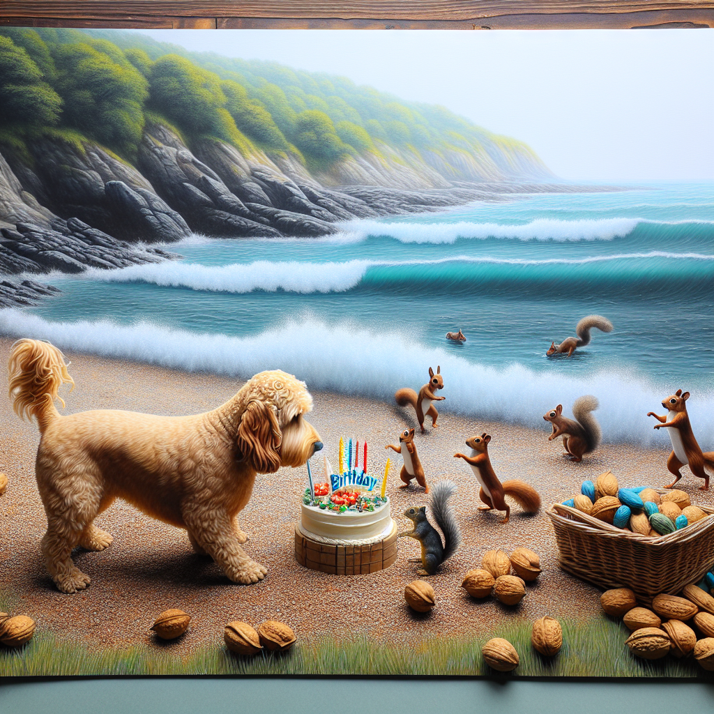Ginger cockapoo, Squirrel , Seaside, and Monkey nuts Birthday Card
