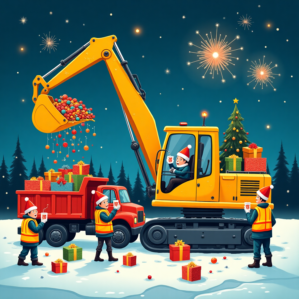 On the cover of this unique Christmas card, envision a snowy construction site transformed into a bustling festive tableau. At the heart of the scene is a bright yellow escavatore (excavator), its arm elegantly lifted toward the sky, as if poised to decorate an unseen Christmas tree. The bucket is filled with a heap of shimmering ornaments—reds, golds, and greens—that catch the light and glimmer like a treasure trove. Beside it stands a towering red camion (truck), its cargo bed filled with oversized gift boxes wrapped in vibrant, festive paper and adorned with exaggerated bows. Around these machines, operai (workers) are clad in high-visibility vests that match their Santa hats, busying themselves with spreading holiday cheer. One worker is stringing lights along the excavator's arm, while another is caught mid-laughter, holding a steaming mug of hot cocoa. Fireworks burst overhead in the twilight sky, illuminating the scene with bursts of dazzling color. Their reflections twinkle in the icy puddles scattered across the snow-dusted ground. In the backdrop, a rich, indigo cielo (sky) stretches wide, dotted with the first few stars of the night, hinting at the magic of the Christmas season. The scene encapsulates a sense of camaraderie and celebration, using the elements of the everyday to create an extraordinary holiday vignette.
Generated with these themes: Escavatore , Camion , Operai, Fireworks , and Cielo .
Made with ❤️ by AI.