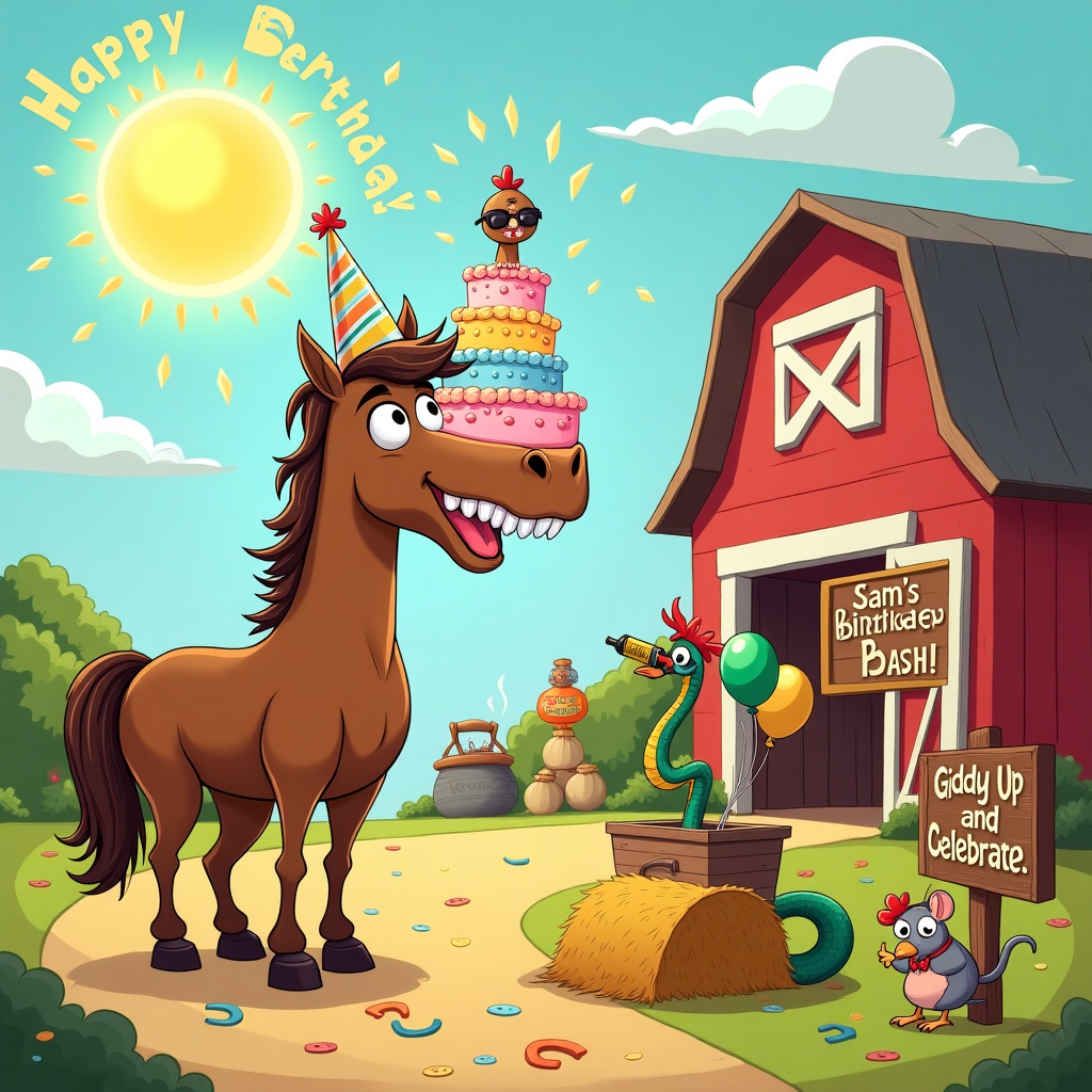 In a bustling, cartoonish barnyard setting, the sun is shining brightly overhead, its rays forming letters in the sky spelling out "Happy Birthday, Sam!" In the center of the scene, a lively birthday party is unfolding. A charming horse with a big, toothy grin is wearing a colorful party hat that’s slightly askew. This horse stands on its hind legs, comically balancing a towering, multi-layered birthday cake on its nose. Each layer of the cake is a different pastel color, decorated with swirls of icing, and on the top tier, there's a small figurine of a horse and snake, arm-in-tail, holding a miniature banner that reads "Sam."

To the right, a quirky snake is coiled around a wooden post of the barn, wearing a tiny bowtie and sunglasses. It's playfully tipping a bottle of rum labeled “Birthday Special” towards a small wooden trough, which the horse seems eyeing eagerly. Balloons in the shapes of horseshoes and coiled snakes are tied to the trough, adding to the festive ambiance. Scattered around are colorful confetti and an assortment of playful party props like a “pin the tail on the donkey” game set up against the barn wall.

Behind this delightful scene, a cheerful barn is painted in bright red with a white trim, its doors slightly ajar revealing a glimpse of hay bales inside. In the background, a few cartoonish chickens are wearing party hats, clucking and pecking around the ground, while a cheeky mouse peeks out from a hay bale, holding a small piece of cake. A rustic wooden signboard, shaped like an arrow, points toward the celebration, whimsically inscribed with "Sam’s Birthday Bash – Giddy Up and Celebrate!"
Generated with these themes: Horse, Snake, Birthday cake, and Rum.
Made with ❤️ by AI.
