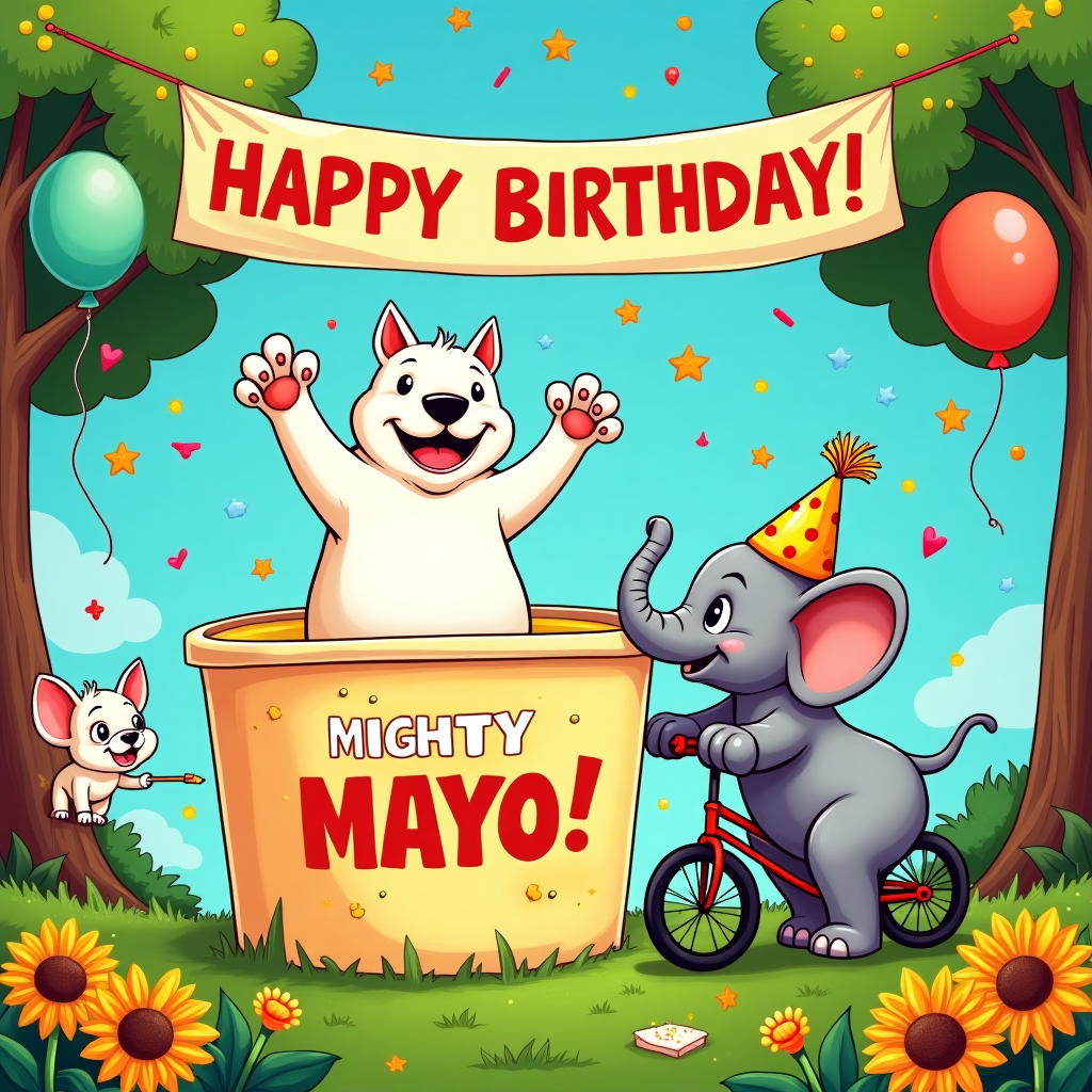 White bull terriers, Elephant, and Mayonnaise Birthday Card