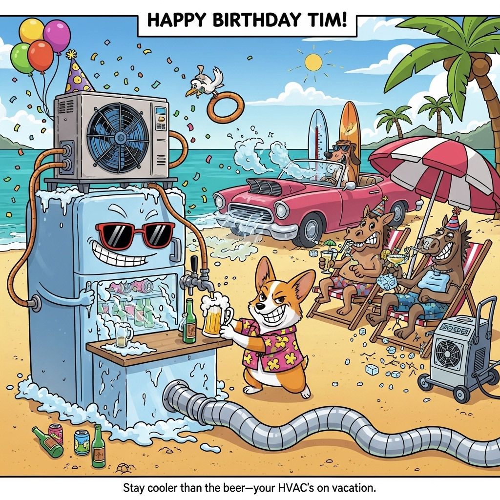 At the top of the Cartoon Style image, Happy Birthday Tim!

Playful, exaggerated Cartoon Style beach party scene with thick black outlines and bright, saturated colors. Center-left, a grinning anthropomorphic refrigerator in sunglasses chills on the sand, frosty mist rolling from its open door filled with colorful bottles and cans. Perched on and around it, a shiny HVAC condenser unit with a spinning fan, copper refrigerant lines looping like party streamers, and a flexible silver duct snaking across the sand like a goofy float. Front and center, a cheeky corgi bartender in a Hawaiian shirt pours a foamy beer from a tap attached to the fridge, smirking with sarcastic energy. To the right, two goofy horses in beach chairs under a striped umbrella wear party hats; one has a neck fan and an ice pack, the other sips a margarita through an absurdly long straw while a portable AC cart blasts tiny snowflakes over them. In the background, a candy-colored classic convertible is parked on the beach, its vents puffing chilly air; a cool dog in shades sits in the driver’s seat with a surfboard-on-top shaped like a thermometer. Turquoise water, sunny sky, palm trees, confetti, balloons, and a seagull in earmuffs complete the festive vibe. Energetic poses, dynamic diagonals, bouncy proportions, and crisp cel-shaded highlights on ice and chrome.

At the bottom in small playful lettering on a ribbon in the sand: Stay cooler than the beer—your HVAC’s on vacation.
Generated with these themes: Refrigeration, Hvac, Sarcastic, Alcohol , Horses, Dogs, Cars, Beach, and .
Made with ❤️ by AI.