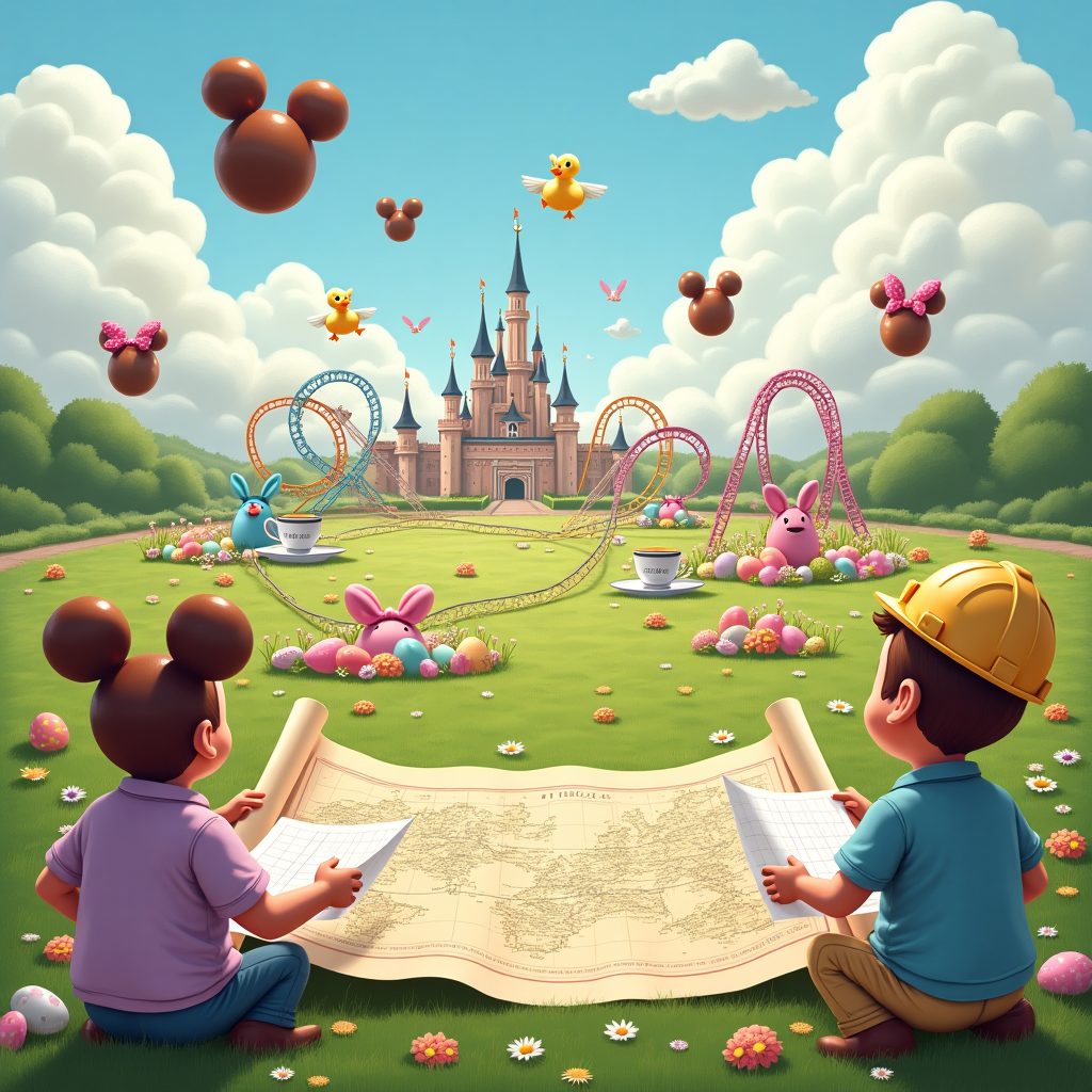 **Prompt:**  
A surreal illustration depicting an imaginative vision of a Disneyland park being planned in Doncaster during Easter. Picture an oversized map rolled out over green Yorkshire fields, with Mickey Mouse ears sprouting like spring flowers from garden gnomes’ heads. Chocolate eggs orbit around pastel-colored roller coasters shaped like teacups, while flying ducks with Minnie Mouse bows glide through candyfloss clouds. In the background, Doncaster’s town hall morphs into a whimsical Disney castle, built from marshmallow bricks and rainbow sherbet. Rabbits wearing engineer hard hats consult blueprints shaped like giant crème eggs. The palette is dreamy and luminous, full of lavender, butter yellow, and soft sky blue, giving the entire scene a floating, fantastical Easter ambience.
Generated with these themes: A plan for disneyland in Doncaster .
Made with ❤️ by AI.