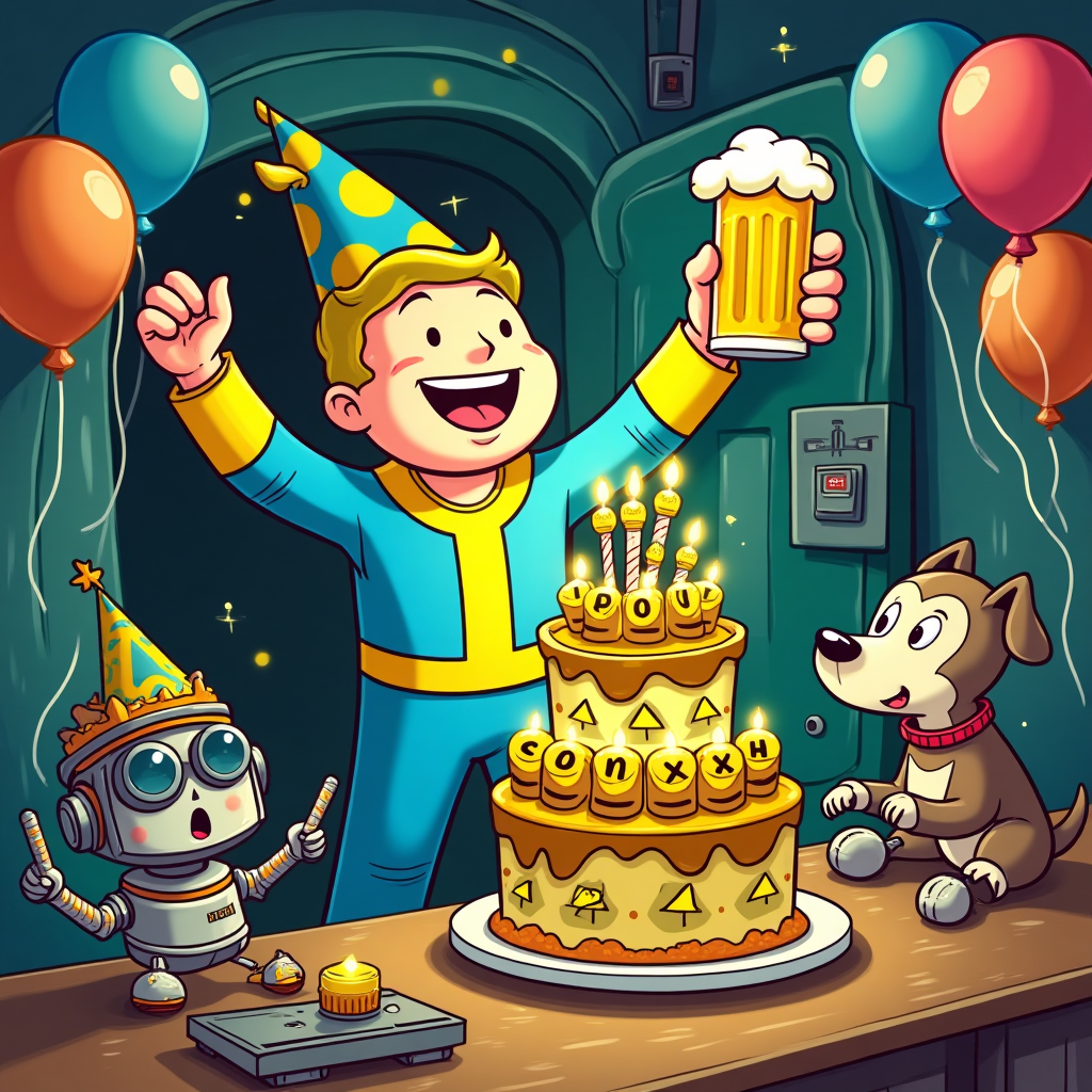 At the top of the Cartoon Style image, Happy Birthday
A funny, high-energy cartoon scene with playful, exaggerated characters, thick outlines, and bright saturated colors: inside a cheerful retro‑futuristic vault party room (Fallout vibe), a big‑headed, blue‑and‑yellow jumpsuit‑wearing vault dweller in a polka‑dot party hat strikes a triumphant pose. One hand hoists an oversized frothy beer stein, the other presents a towering two‑tier cake that glows neon radioactive green with bold yellow‑and‑black hazard‑stripe icing. The cake is topped with candles shaped like PlayStation button icons (triangle, circle, X, square) sparkling like mini fireworks. Balloons and streamers fill the room, many shaped and colored like the PlayStation icons. A chunky, friendly service robot rolls by with a tray of clinking beers, while a cartoon dog in safety goggles paws at a game controller on the table. A massive vault door and retro consoles in the background complete the playful post‑apocalyptic setting. Add a small HUD‑style caption near the bottom, cheeky and bold: Press X to blow the candles! Whimsical, energetic poses, bouncy composition, glossy highlights, and a joyful, comedic mood.
Generated with these themes: Fallout, Beer, Cake, Playstation, and .
Made with ❤️ by AI.