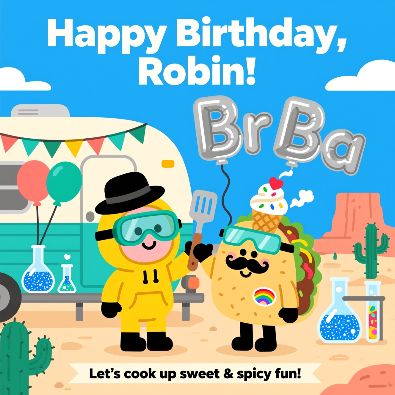 At the top of the Vector Style image, Happy Birthday, Robin!

Cute, clean flat-vector scene with crisp lines and solid color blocks (no gradients): a smiling ice-cream cone and a grinning taco as adorable lab pals in bright yellow hazmat hoodies and teal safety goggles, high-fiving spatulas. They stand in front of a simplified cream-and-teal RV decked with bunting and balloons, in a sunny desert setting with minimal mesa shapes, cacti silhouettes, and a big blue sky. Beakers and flasks bubble with glittery blue rock-candy “crystals” and rainbow sprinkles that puff into tiny heart-shaped steam. The ice cream wears a little black pork-pie hat; the taco sports a cute mustache sticker. Two metallic letter balloons shaped like periodic tiles “Br” and “Ba” float beside them as a cheeky nod to chemistry. Palette: warm sand, buttery yellow, cactus green, turquoise/teal, coral accents, charcoal linework. Composition is portrait, image-first with large central characters and generous white/sky negative space.

Typography: headline in a bold, geometric sans-serif, clean and modern. At the bottom, a small playful caption on a narrow ribbon reads: Let’s cook up sweet & spicy fun!
Generated with these themes: Ice cream, tacos, breaking bad, and .
Made with ❤️ by AI.