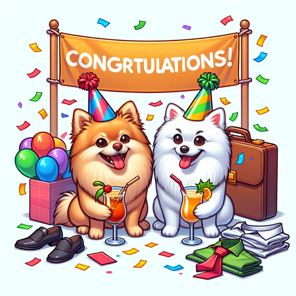 Create a playful cartoon image depicting a joyous tan-colored Pomeranian and a white Japanese Spitz. They wear colorful party hats and are joyously clinking glasses filled with festive cocktails. In an atmosphere of celebration, crisp multicolored confetti is cascading down around them. The canines are standing proudly beside a large banner which reads 'Congratulations!' and is centered around the theme of a new-born baby. Towards a corner of the scene, a closed briefcase and discarded work clothes are seen, symbolizing a happy temporary hiatus from professional duties.
Generated with these themes: Tan Pomeranian, Crisps , Cocktails , Leaving job, and White Japanese spitz.
Made with ❤️ by AI.