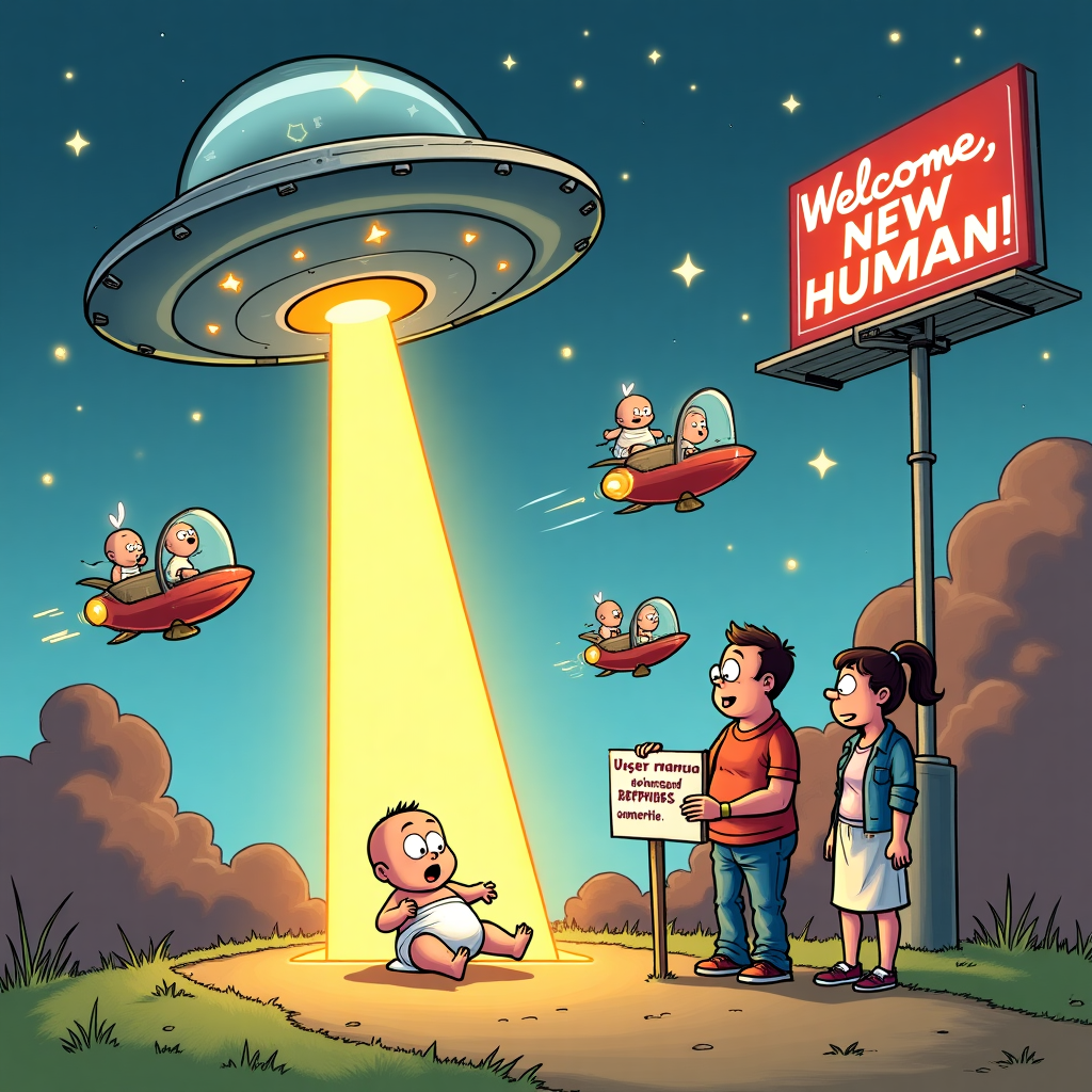**Image Prompt:**

At the top of the cartoon image, write: **"Welcome to Planet Earth, ADAM—No Refunds, No Exchanges!"**

The cartoon image shows a comical "alien arrival" scene at a space-themed baby delivery station. A UFO has just landed on Earth, and a baby in a nappy (with a shocked expression) is sliding down a glowing tractor beam straight into the arms of two flustered cartoon parents holding a “User Manual?” and “Emergency Nappies!” sign.

In the background, other babies (in rocket-shaped bassinets) are floating through the sky like comets, guided by tiny stork-piloted spacecraft. One of the storks looks like it’s late and sipping coffee while speeding.

Bright stars twinkle in the sky above, and a “Welcome, New Human!” neon sign blinks in retro alien-style font on a flying billboard nearby. Make it zany, colorful, and full of spacey silliness.
Generated with these themes: WELCOME TO THE WORLD.
Made with ❤️ by AI.