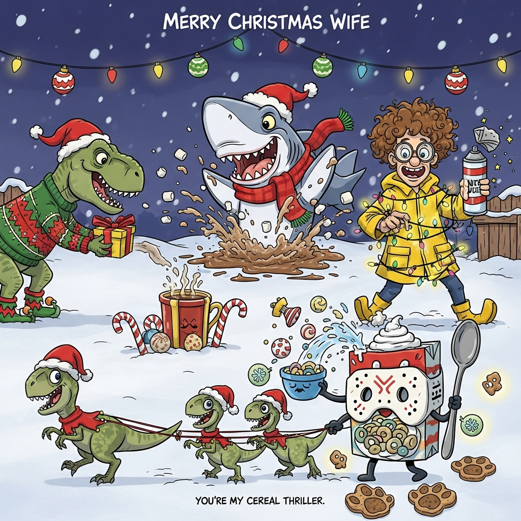 At the top of the Cartoon Style image, Merry Christmas Wife

Playful, funny Christmas cartoon with exaggerated proportions, thick black outlines, and bright saturated reds, greens, and icy blues. In a snowy, twinkly night, a goofy T‑Rex in an ugly Christmas sweater and elf slippers leans in with a wrapped present, tiny arms outstretched. A big‑eyed, grinning great white shark in a Santa hat and tinsel scarf bursts from a bubbly hot‑cocoa puddle, marshmallows flying like snow. Dennis Nedry (round glasses, curly hair, yellow raincoat) is tangled in glowing Christmas lights, his shaving‑cream can popping open to spray candy sprinkles and ornaments. Two cheeky baby raptors in elf hats tug along a mischievous anthropomorphic cereal box with a cute hockey‑mask face and a spoon—the “cereal killer”—tiptoeing past dino‑footprint cookies. Candy‑cane fences, oversized ornaments, and string lights everywhere; bouncy, whimsical poses, big smiles, no gore, wholesome slapstick. Soft snowfall, sparkly highlights, clean cel shading, energetic composition.

Small, cheeky caption near the bottom: You’re my cereal thriller
Generated with these themes: Sharks,  Dennis nedry , Dinosaurs,  serial killers , and .
Made with ❤️ by AI.