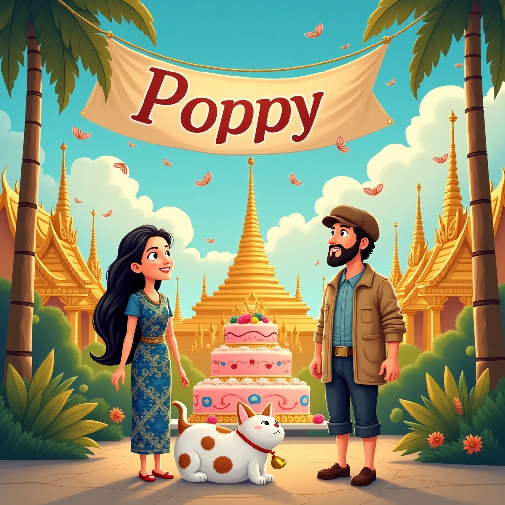 **Front Cover Description: "Poppy's Whimsical Birthday Adventure"**

**Central Scene:**
- **Characters:** In the foreground, illustrate a Thai lady with long, lustrous black hair that cascades elegantly down her back. She's wearing a traditional, vibrantly patterned Thai dress in hues of royal blue and gold, standing next to an English gentleman. The gentleman has a short brown beard and is dressed in a classic, slightly rugged attire with a tweed jacket and a flat cap. Both are looking joyfully at the whimsical scene before them.

- **Cat:** By their feet, draw a playful white cat with large patches of ginger and black splodges, its fur contrasting strikingly against the soft background. The cat wears a bright red collar with a shiny gold bell, slightly oversized, creating a charming focal point.

**Background:**
- **Thai Elements:** The backdrop features a stylized representation of Thailand, with iconic elements like golden stupas and palm trees interspersed. These elements are slightly exaggerated, with Beardsley-esque intricate detailing in the structures, giving an ornate texture.

- **Birthday Elements:** To blend the theme, have a large birthday cake in the middle ground, layered with creamy pastel colors – soft pink, lemon yellow, and sky blue. The cake is adorned with ornate Thai patterns and traditional Thai sweets as decorations.

**Sky and Text:**
- **Sky:** The sky is a vast expanse painted in the style of Maxfield Parrish with rich gradients from deep twilight blue at the top fading into a warm, golden sunset near the horizon. White, fluffy clouds reminiscent of Quentin Blake’s playful style float gently, adding a whimsical touch.

- **Text "Poppy":** The name "Poppy" appears creatively within the scene, hanging from a banner that floats gracefully across the sky. The banner is strung between two trees, written in playful, swirling letters that match the artistic whimsy of the scene.

**Additional Details:**
- **Ground:** The ground is lush with rich green grass dotted with wildflowers, hinting at Beatrix Potter's detailed natural elements. There are small, delicate butterflies with bright colors flitting around, adding to the birthday’s lively atmosphere.

- **Color Palette:** Use a vibrant color palette inspired by Arthur Rackham and N.C. Wyeth with rich, deep tones and lush textures to bring the scene to life, capturing the intricate details and dynamic composition characteristic of their styles. 

This design encapsulates a whimsical and celebratory moment, weaving together the cultural elements of Thailand with the personal elements of a birthday, creating a uniquely vivid and engaging front cover.
Generated with these themes: Thai lady long hair, English guy with short brown beard, White cat with ginger and black sploges and red collar with bell, and Thailand.
Made with ❤️ by AI.