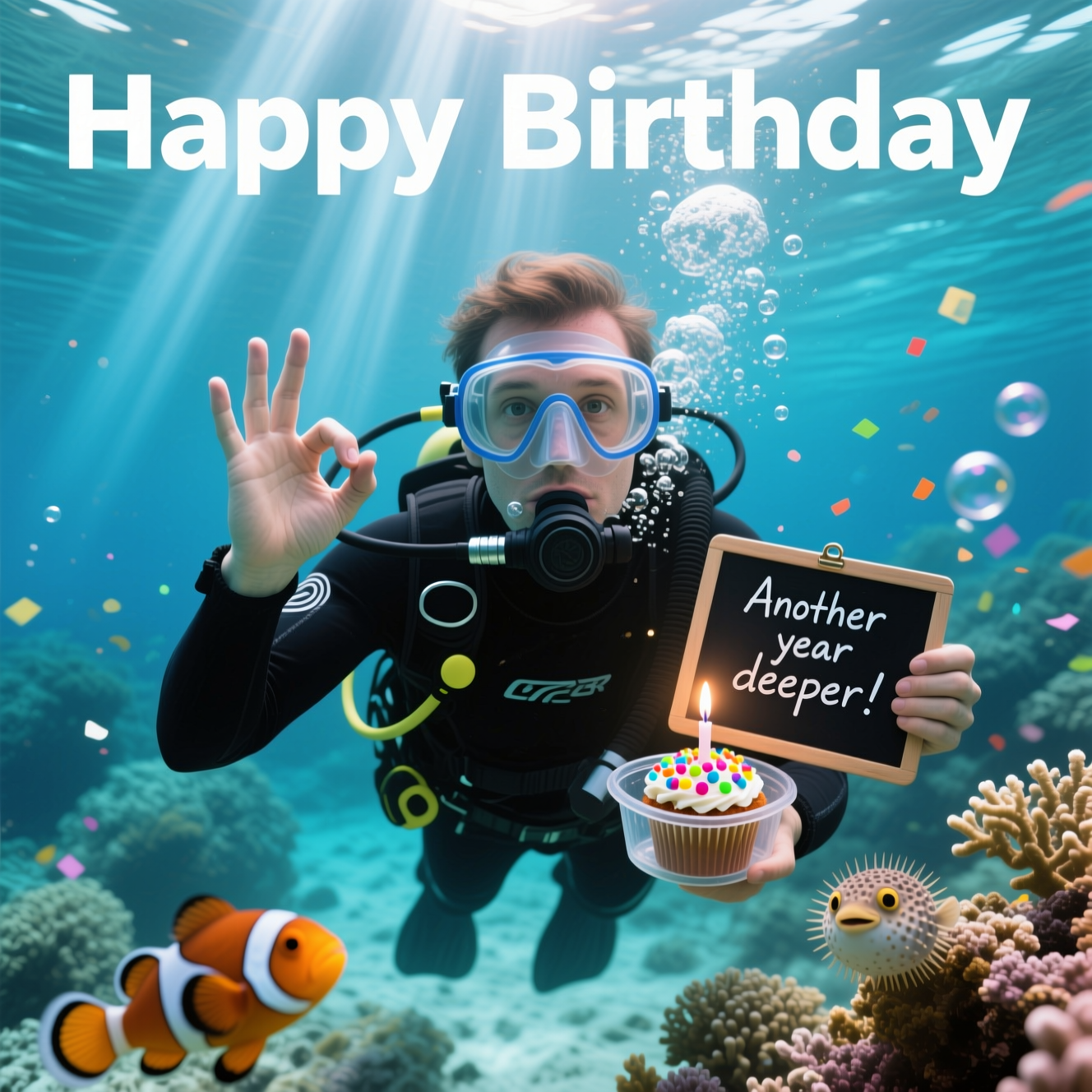 At the top of the Photorealistic picture taken from a camera image, Happy Birthday

Ultra-high-definition 4K UHD photorealistic underwater photograph, funny and lively mood. Clear tropical reef water with sunbeams slicing down from the surface, gentle particles and air bubbles rising. Front-and-center is a scuba diver hovering neutrally buoyant and facing the camera, making the “OK” hand sign. Use the user’s provided portrait for the diver’s face, visible through the tempered-glass mask: seamlessly composite the photo so the face is sharp and recognizable, matching skin tones and lighting; add realistic mask-glass refraction, a hint of edge glare, and tiny droplets on the outside. Diver in black wetsuit, BCD, regulator in mouth, bubbles creating a confetti-like trail.

The diver holds a small black dive slate angled toward the camera with a single handwritten line of text: “Another year deeper!” A clear, waterproof container clipped to the BCD holds a cupcake with colorful sprinkles and a tiny waterproof LED “candle” glowing, for a playful gag. A curious clownfish photobombs near the foreground; a friendly pufferfish peers in from the edge for extra humor. Rich coral textures in the mid-ground; background reef softly blurred with a pleasing depth of field.

Place “Happy Birthday” at the very top center, large, clean white sans-serif lettering with a subtle watery refraction and soft shadow so it feels integrated with the scene, but does not obscure the diver’s head. Natural sunlight from above with gentle strobe-like fill to bring out reef colors; minimal backscatter. Shot-on-camera feel: full-frame DSLR in underwater housing, 35mm lens, f/4, ISO 400, 1/200s. True-to-life colors, crisp details, lifelike textures, and rich depth of field. Do not include any other text.
Generated with these themes: .
Made with ❤️ by AI.