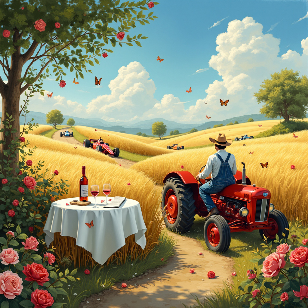 In a whimsical pastoral landscape, a vibrant scene unfolds where the tranquility of farming life meets the thrilling world of Formula One racing. Imagine a golden wheat field stretching out beneath a sky dappled with fluffy white clouds, where the distant hills are peppered with lively Hillman Imps, their distinctive compact shapes and cheerful colors dotting the landscape like playful bugs. 

At the heart of the scene is a vintage red tractor, its robust wheels half-buried in the fertile soil, steering its way through the crops, lovingly tended by a farmer in denim overalls and a straw hat. Nearby, a table draped in a white linen cloth stands amidst the rows of wheat, set for an impromptu birthday celebration. A bottle of rose wine, its glass shimmering with rosy hues, and two elegant wine glasses catch the sunlight, ready to toast the occasion.

Alongside this pastoral charm, a narrow dirt path winds its way through the fields, doubling as a makeshift Formula One racetrack. Speeding down the path is a sleek, modern Formula One car, its aerodynamic design contrasting sharply with the rustic setting. The car is painted in a vivid, racing red, with sponsorship decals visible, whizzing past the Hillman Imps parked like an enthusiastic audience.

Intertwined around the scene are delicate rose bushes, their blossoms in full bloom, adding pops of pink and red amongst the golden wheat. A few butterflies flit around the roses, adding a touch of enchantment. A whimsical touch includes an open sketchbook on the table, pages fluttering in the breeze, with intricate drawings of the tractor, Hillman Imps, and Formula One car, showing an artist’s vision in progress.

This vibrant tableau captures a birthday celebration in the heart of the countryside, blending the charm of farming life with the exhilarating spirit of racing, all while paying homage to the eclectic themes and storytelling of artists like Norman Rockwell and Quentin Blake.
Generated with these themes: Tractors , Farming, Hillman imp cars, Rose wine, and Formula one racing .
Made with ❤️ by AI.