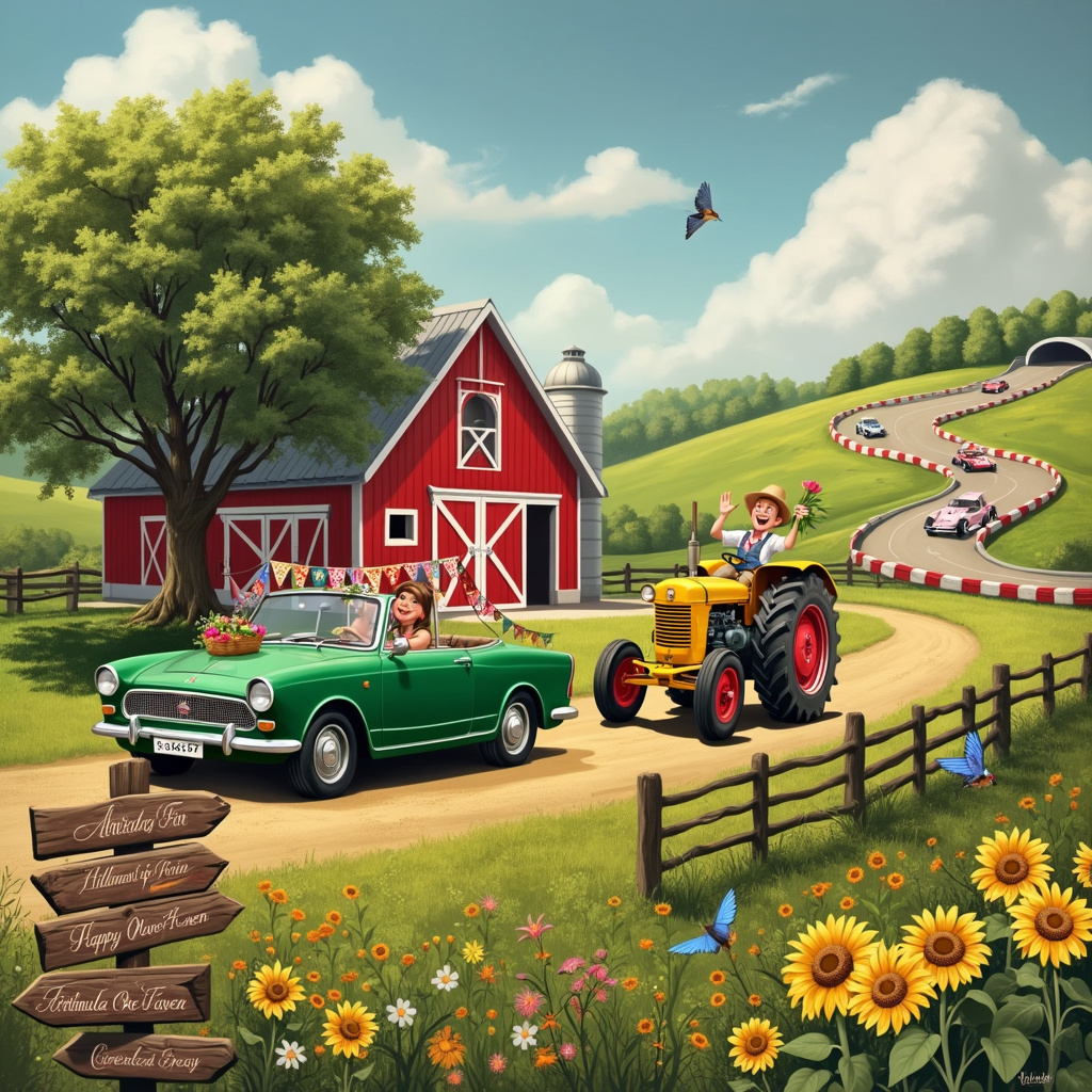 Imagine a sun-drenched pastoral landscape, with rolling hills stretching to the horizon. Nestled within these hills is a quintessential farm, complete with a bright red barn adorned with white trim and a silo reaching for the sky. The centerpiece of the scene is a vintage Hillman Imp, painted in a vibrant British Racing Green, parked under a large oak tree. The car’s windows are rolled down, and you can see a basket of fresh roses and a bottle of rose wine on the passenger seat, hinting at a leisurely birthday picnic.

Adjacent to the Hillman Imp, a bright yellow tractor with large, mud-splattered wheels is parked beside a wooden fence. The tractor is decorated with strings of colorful birthday bunting fluttering in the gentle breeze. Near the tractor, a farmer in overalls and a wide-brimmed hat is waving happily, holding a bouquet of wildflowers as a birthday greeting.

On a hill in the background, there's a whimsical twist: a miniature Formula One race track loops around the hillside, complete with tiny, meticulously detailed cars in mid-race. The track is crafted to blend seamlessly with the natural landscape, with tiny bridges crossing babbling brooks and tunnels burrowing through mounds of earth.

In the foreground, a field of sunflowers blooms brightly, with a few stalks bending under the weight of perched bluebirds and butterflies. An antique wooden signpost, adorned with ivy, stands by the field. The sign reads "Happy Birthday" in an elegant script, with smaller signs pointing towards "Farming Fun," "Hillman Imp Picnic," "Rose Wine Haven," and "Formula One Frenzy."

This scene, rich in details and full of storytelling elements, invites the viewer to discover a birthday celebration woven into the tapestry of rural life, infused with a touch of racing excitement and rustic charm.
Generated with these themes: Tractors , Farming, Hillman imp cars, Rose wine, and Formula one racing .
Made with ❤️ by AI.