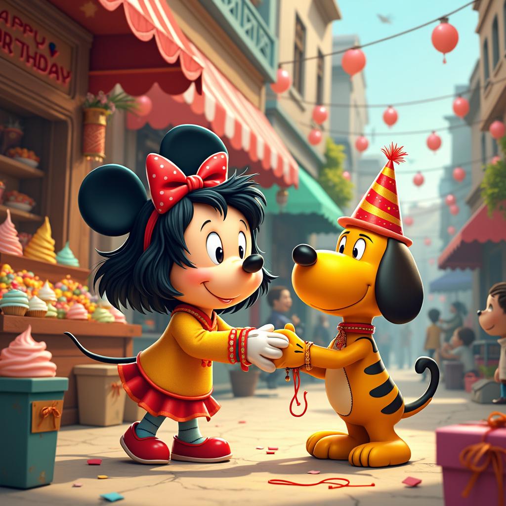In a whimsical, bustling cartoon marketplace, colorful stalls adorned with vibrant decorations and cheerful banners proclaiming 'Happy Birthday!' and 'Happy Rakshabandhan!' sway gently in the breeze. At the heart of this celebration is an anthropomorphic cake, donning a festive hat and a rakhi, exuding a cheerful demeanor reminiscent of Mickey Mouse as it strolls on two legs. Beside the cake is a joyous cartoon girl, inspired by Little Lulu, with her exaggerated ribbon bows and traditional Indian attire, tenderly tying a rakhi on the wrist of a Peanuts-inspired cartoon dog, who stands on his hind legs with an innocent, wide-eyed expression reminiscent of Snoopy. Adding to the scene, a round-faced, Astro Boy-inspired robotic character displays a digital message on its chest that reads, 'Brotherly Love Protocol Activated'.

In the background, a boy with spiky hair and a mischievous tiger, both echoing the spirit of Calvin and Hobbes, share a fluffy cotton candy cloud, while a group of hilarious Far Side-esque cows, sporting party hats, clumsily attempts to wrap a giant gift. Nearby, an adventurous reporter, looking like Tintin, diligently jots down the lively scenes of the festive celebration. The stalls are overflowing with an array of goodies, ranging from pastel frosted cupcakes to traditional Indian sweets like jalebi and barfi, each draped in multicolored lights and vibrant comic-strip banners that fuse R. Crumb's intricate patterns with Will Eisner's dynamic cityscapes.

Adding to the whimsical atmosphere, a Maus-inspired mouse peeks out from a pile of present boxes, nibbling on a slice of cake, creating a delightful intersection of celebration and everyday life. Palm trees sway comically, weighed down by an abundance of cartoon fruits, reminiscent of Winsor McCay's enchanting dreamscapes. Above, a Little Nemo-style bed floats through the air, carrying a sleeping figure clutching a birthday balloon, beautifully illustrating how dreams and festivities intertwine.

Generated with these themes: Happy Rakshabandhan.  
Made with ❤️ by AI.