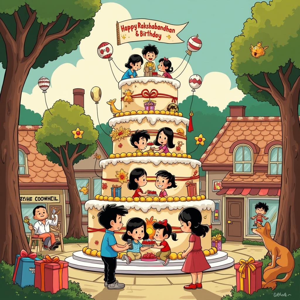 The scene unfolds in a vibrant, cartoonish town square, capturing a whimsical blend of Charles Schulz's simplistic charm and the lively energy of Osamu Tezuka's Astro Boy world. At the center stands a grand, multi-tiered birthday cake, adorned with colorful icing and comic panels that evoke the graphic storytelling style of Will Eisner. Each layer of the cake features playful caricatures of brothers and sisters celebrating Rakshabandhan, exchanging rakhi bracelets and gifts that seem to spring from the classic animation of Disney. Floating above this delightful centerpiece is a whimsical banner that jubilantly proclaims, "Happy Rakshabandhan & Birthday!" in a font reminiscent of the iconic title lettering from "The Spirit." Surrounding the square, trees draped in ribbons sway gently, while cartoon siblings engage in endearing shenanigans that channel the innocent mischief of Bill Watterson's Calvin and Hobbes. One particularly humorous tree, echoing the spirit of Gary Larson's "The Far Side," boasts a speech bubble joking about being the next year's Rakhi destination. In the foreground, a lively ensemble of pets, including snoopy-like dogs and Tintin-style cartoon fox terriers, enthusiastically exchange gift-wrapped bones and balls. In the corner of the card, a caricature of an artist, inspired by R. Crumb's Mr. Natural, merrily sketches the whole scene, while a child, inspired by Little Nemo, dreamily observes the festive landscape from atop a fantastical float reminiscent of Winsor McCay's style. The tableau is bustling yet harmoniously composed, creating a heartwarming celebration filled with intricate details that invite the viewer to explore the joy of the occasion. 

Generated with these themes: Happy rakshabandhan.
Made with ❤️ by AI.