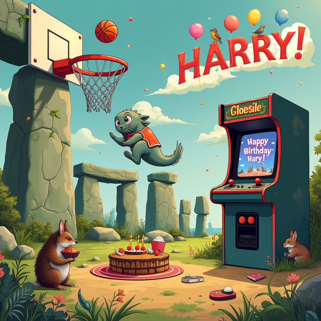 In the illustration, we have a whimsical scene set at a quirky version of Stonehenge. Imagine the ancient stones whimsically transformed into a basketball court! Giant, moss-covered stone pillars form the hoops, with a basketball net cleverly suspended between two of them. 

A delightful, playful axolotl is the star of the game, soaring through the air mid-dunk, its gills flaring dramatically. It wears a tiny jersey with "Harry" written on the front, clearly celebrating Harry's birthday in style.

To the right, we see a group of Stonehenge stones reshaped into an oversized vintage arcade game console. Glowing with neon lights, it displays pixelated balloons and the text "Happy Birthday, Harry!" on its screen.

In the sky, fluffy clouds take the shape of whimsical creatures, akin to Maurice Sendak's style, and spell out "Harry" in a playful script, with a few birds perched on the letters for added charm.

On the ground, a quaint picnic scene unfolds with woodland creatures inspired by Beatrix Potter. A hedgehog holds a birthday cake with "Happy Birthday, Harry!" written in icing, while a rabbit and a fox playfully dribble a miniature basketball.

The background is lush with greenery and whimsical flowers, and the ground is dotted with scattered vintage gaming consoles and controllers, making it clear that gaming is part of the celebration. Arthur Rackham-style twisting vines and roots add an enchanting touch, connecting all the elements in the scene.

Every corner of the illustration is bustling with life, bringing together the themes in a harmonious birthday celebration for Harry.
Generated with these themes: Stonehenge  Basketball Axolotl  Gaming .
Made with ❤️ by AI.