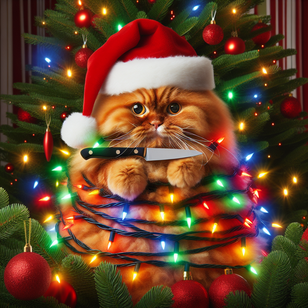 Cat/christmas tree/lights/knife Christmas Card