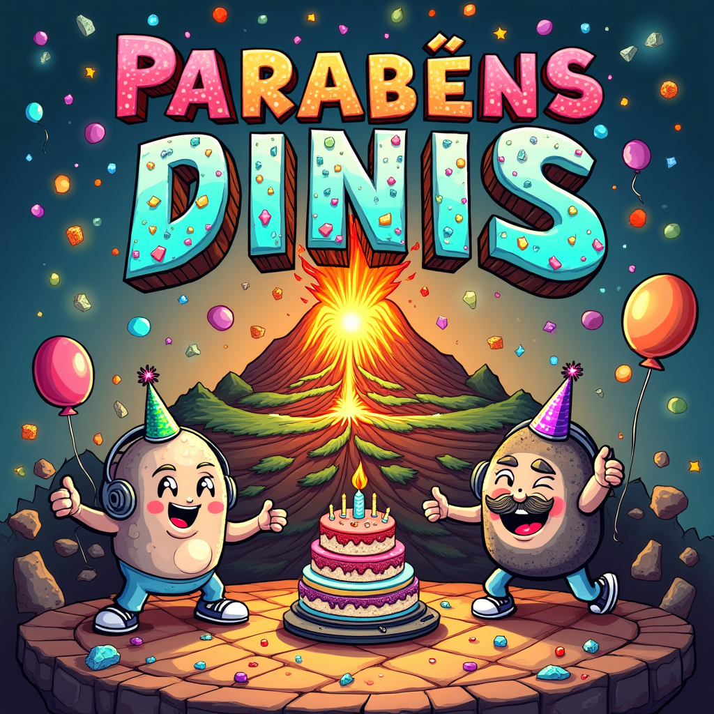 At the top of the Cartoon Style image, “Parabéns Dinis” carved into a giant sparkling geode title, chunky rainbow-mineral letters with crystal glints.

A vibrant, funny geology party scene: a cheerful volcano in the background erupts confetti-lava and balloons, while a cross-section of the earth shows smiling, wavy rock layers (sandstone, shale, granite, limestone) dancing with goofy, energetic poses. In the foreground, a big, bouncy boulder DJ spins “rock” records on slate turntables; a winking geode pops open like a surprise cake, glittering with neon crystals; a mustachioed mountain photobombs with a thumbs-up peak; and a jittery trilobite does the worm across a stripy strata dance floor. Banners made from seismograph squiggles hang across the scene, and party hats are mineral-shaped (amethyst, quartz, pyrite). Thick black outlines, exaggerated proportions, bright saturated colors, and lively motion lines for a playful, celebratory mood.

At the bottom, a small rock-shaped speech bubble: “Have a gneiss birthday!”
Generated with these themes: Geology, and .
Made with ❤️ by AI.
