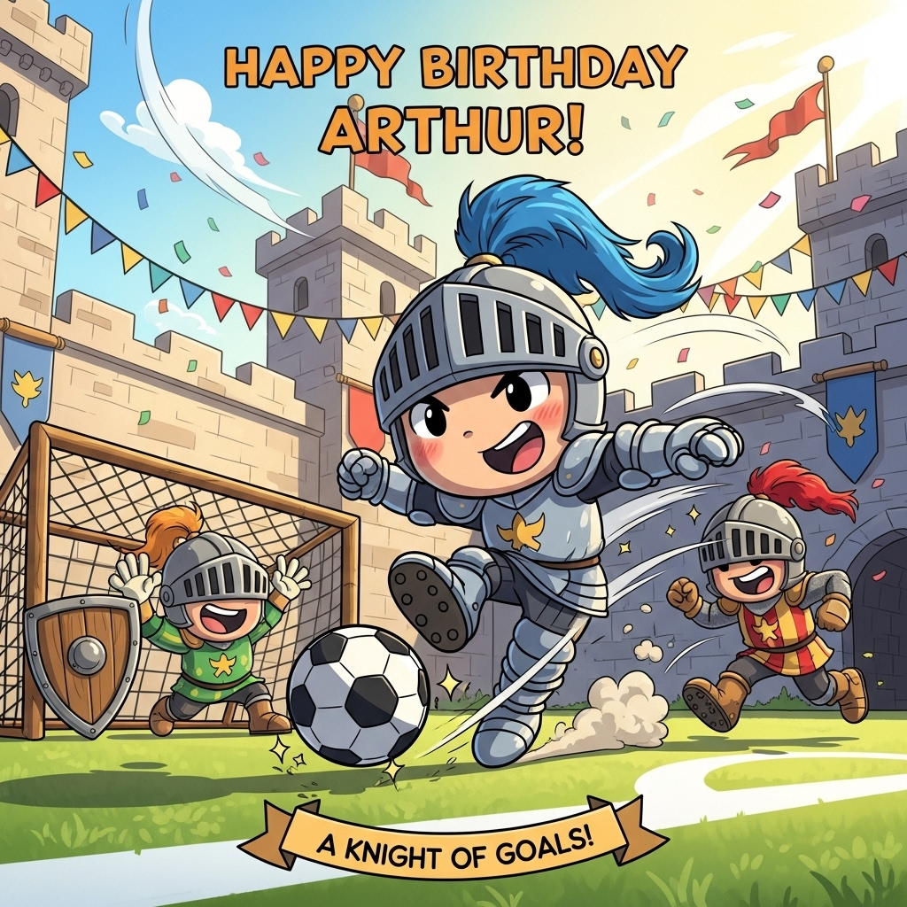 At the top of the Cartoon Style image, Happy birthday Arthur!

Playful, cute cartoon scene in a bright medieval castle courtyard turned into a lively soccer pitch. Center focus: Arthur, a chibi-style kid knight in oversized shiny armor with a bouncing cobalt plume and rosy cheeks, mid-power kick sending a sparkling soccer ball toward a makeshift goal. His two brothers, also mini-knights in mismatched, colorful tabards and chunky boots, one diving as a grinning goalie in front of a wooden shield-and-net goal, the other charging in with energetic, goofy hustle. Exaggerated proportions, thick black outlines, and saturated colors (sky blue, grassy green, candy reds, golds). Add swoosh lines, dust puffs, and star sparkles for motion. Background: castle walls with festive pennant flags and confetti drifting through warm golden sunlight; soft, bouncy shading. Leave clean negative space around the top text; full-bleed vertical composition with a dynamic low angle that makes Arthur feel heroic. Small extra text on a curved ribbon near the bottom: A knight of goals!
Generated with these themes: Knight, Playing with his brothers, Soccer, and .
Made with ❤️ by AI.