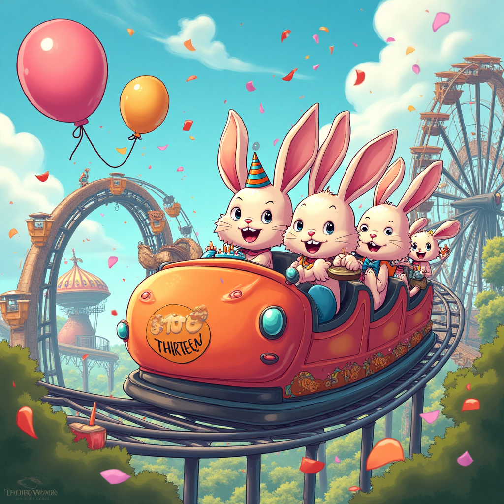 ### Image Prompt:

Imagine a whimsical cartoon scene set in the vibrant, fun-filled landscape of Thorpe Park. In the foreground, a group of three adorable bunnies, each with exaggeratedly large, floppy ears and big, sparkling eyes, are excitedly riding a roller coaster named "Thirteen". The coaster twists and loops playfully through the air, with colorful balloons and confetti scattered around. 

One bunny is wearing a tiny birthday hat, another is holding a small birthday cake with thirteen candles, and the third is snapping a selfie with a giant carrot-shaped camera. The roller coaster car itself is decorated in bright, cheerful colors with smiling faces on the front.

The background features iconic theme park elements: a giant Ferris wheel, a swirling teacup ride, and a sky filled with cotton candy clouds. Everything is outlined with thick, bold lines and splashed with vivid, saturated colors to enhance the cartoonish feel.

### Text Caption:

"Hop on the FUN Express! It's Your Thir-teenth Birthday!"
Generated with these themes: Thorpe Park, Bunnies, Thirteen, and .
Made with ❤️ by AI.