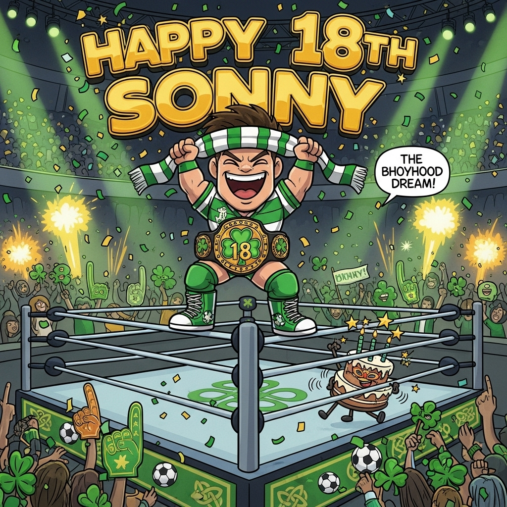 At the top of the Cartoon Style image, Happy 18th Sonny in big shiny gold championship letters with green-and-white hooped trim and thick black outline, confetti sprinkling around the text.

A playful, high-energy cartoon scene in a WWE-style arena: center ring with thick, bouncy ropes colored green, white, and gold. On the top turnbuckle, an exaggerated, chibi-proportioned hero (Sonny) strikes a victorious pose—massive grin, huge boots, tiny waist, and a green-and-white hooped football shirt over flashy wrestling trunks. He hoists a fluttering green-and-white scarf above his head while wearing an oversized championship belt with a clover-shaped centerpiece stamped 18. The ring mat has a subtle Celtic knot pattern; turnbuckle pads feature shamrocks and soccer balls. A friendly cartoon birthday cake in a tiny luchador mask pratfalls out under the ropes with comic motion lines and stars, keeping it silly and lighthearted. The crowd is a sea of foam fingers, kilts, and clover props (no readable text), with green spotlights, gold pyro bursts, and heaps of green/white/gold confetti raining down. On the big titantron above the ring, one cheeky caption reads: The Bhoyhood Dream! Bright, saturated colors, thick black outlines, dynamic motion swooshes, and expressive, whimsical poses in a bold Cartoon Style.
Generated with these themes: WWE , Celtic fc, and .
Made with ❤️ by AI.