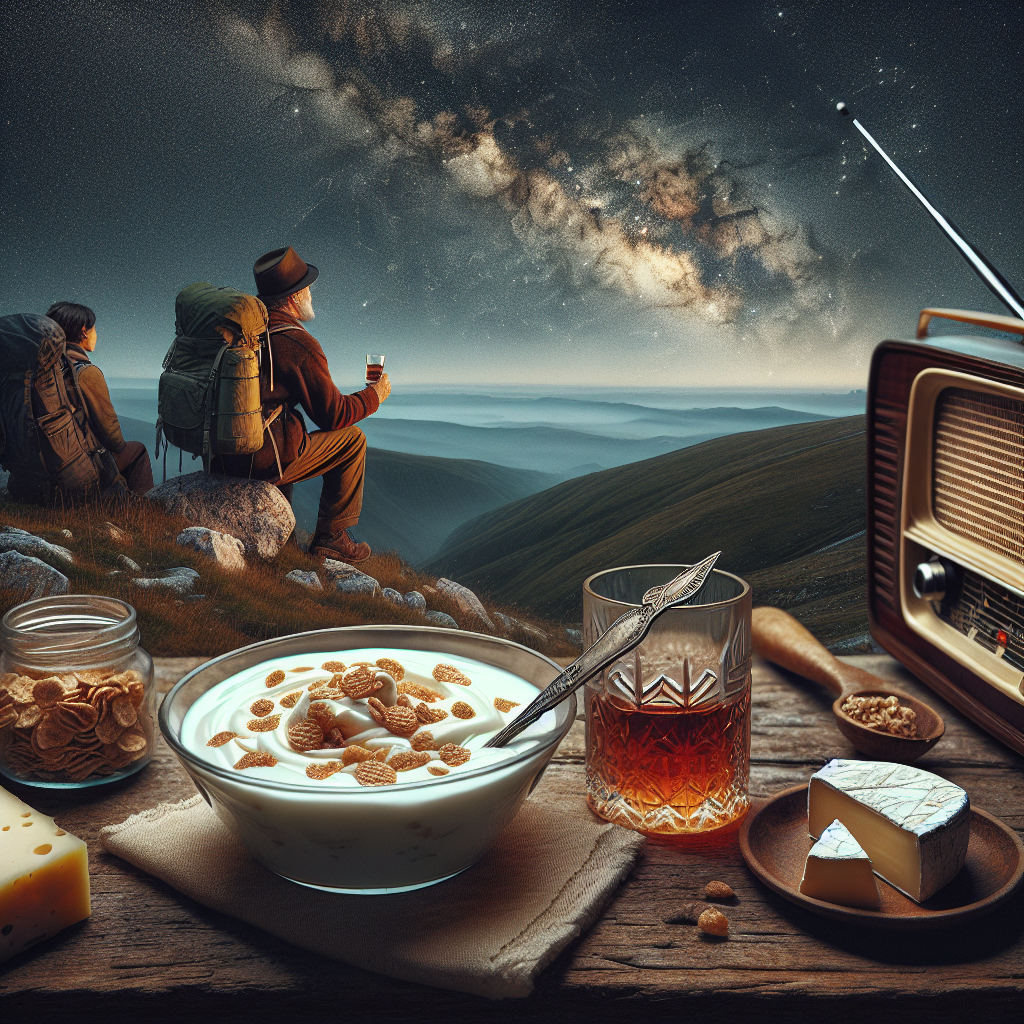 Yoghurt and cereal, Hill hiking, Night sky, Old radios, Cheese, and Whiskey Fathers-day Card