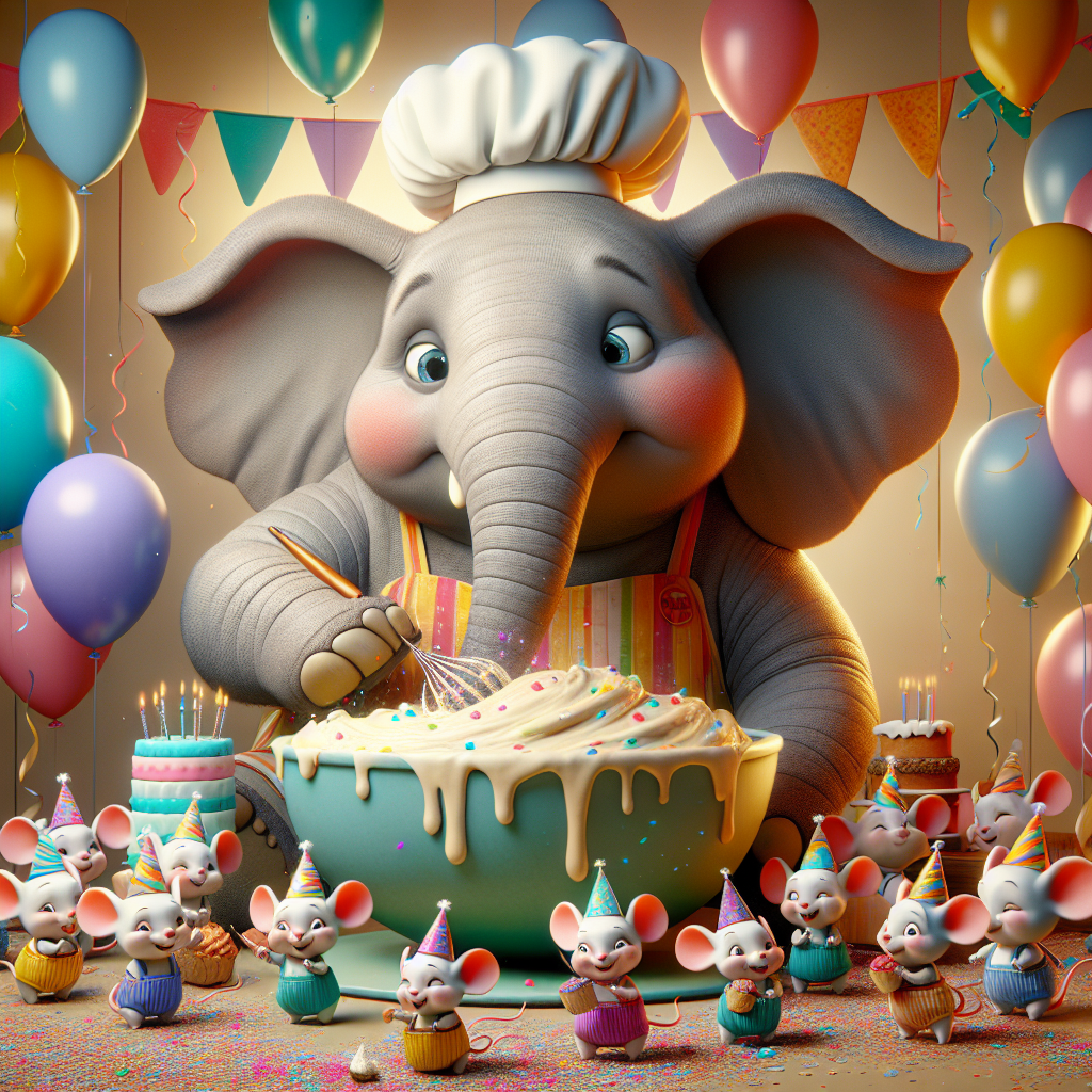 Create a delightful birthday-themed animated setting. It's dominated by cheerful pastel colors. At the core of the scene, visualize an appealing elephant, with Caucasian skin tone, engaged in baking, adorned with a chef's hat and a vibrantly-colored apron. The gentle giant is seen affectionately mixing a sizeable bowl of cake batter. Surrounding this likable elephant are multicolored balloons and streamers, setting an upbeat ambience. The presence of falling confetti subtly points to the celebratory occasion. A group of tiny mice, of varying descents including but not limited to Hispanic, Black, Middle-Eastern, South Asian, and White, in party hats, appear to be reveling around the elephant. Every mouse carries a miniature birthday cupcake, adding a whimsical essence to the joyful atmosphere.
Generated with these themes: Cooking elephant .
Made with ❤️ by AI.