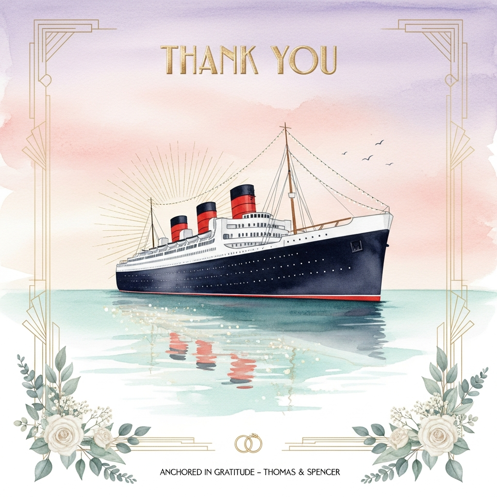 At the top of the Watercolor Style image, “Thank You” in elegant Art Deco lettering, softly painted in warm champagne-gold watercolor with airy spacing.

Romantic Art Deco watercolor illustration of the RMS Queen Mary moored in Long Beach at golden hour. Soft wet-on-wet sky fading from blush peach to lavender with a faint Deco sunburst halo behind the three iconic red-and-black funnels. The ship’s sleek black hull and white superstructure are rendered with gentle, feathery edges and subtle pigment blooms; delicate string lights arc along the deck. Seafoam-turquoise water below with shimmering, rippled reflections and a few soft gull silhouettes to enhance the romance.

Integrate refined Art Deco accents: a thin pale-gold geometric border with fan corners and stepped motifs, very light so the watercolor stays airy. In the lower corners, add a whisper of white roses, eucalyptus, and baby’s breath in loose washes, plus a tiny motif of two interlocking gold rings. Emphasize natural cold-press paper texture, soft gradients, and granulation; avoid harsh outlines, logos, or extra text.

Palette: blush pink, peach, lavender, seafoam, sage, indigo navy, champagne gold. Portrait orientation with generous negative space around the top text.

At the bottom of the Watercolor Style image, add a small, cheeky romantic caption: “Anchored in gratitude — Thomas & Spencer” in slender Art Deco small caps, subtle and understated.
Generated with these themes: .
Made with ❤️ by AI.