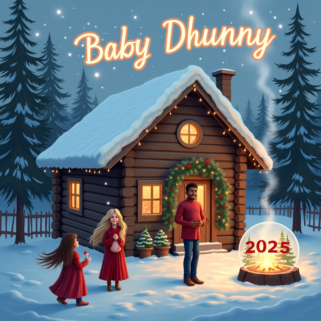 In this enchanting surreal scene, we are transported to a snow-dusted Christmas wonderland that marries the anticipation of new beginnings with the warmth of family love. A quaint and cozy log cabin stands at the center, surrounded by majestic pine trees adorned with twinkling lights. The ground is blanketed in soft, glittering snow, reflecting the festive glow of a nearby fire pit where the family is gathered. In the foreground, two sisters with long, flowing brown hair are playing joyfully in the snow, one holding a snow globe that magically displays the year "2025" inside, with tiny, swirling flakes highlighting the scene of the family's cozy cabin.

Standing near the cabin's wooden porch, a radiant blonde-haired mother gently cradles her round belly, wrapped in a deep red, velvet shawl, symbolizing warmth and protection. Beside her, the father, with light brown skin and short black hair, is hanging a beautiful garland of evergreen and holly across the cabin's doorway. His smile beams with joy and pride as he looks towards his family.

Above this idyllic scene, the sky is a soft twilight blue, transitioning into the gentle pink hues of an early sunset. Amongst the fluffy, wispy clouds, the name "baby Dhunny" is artistically written in delicate white smoke-like letters, akin to a whimsical banner that sways with the breeze. This creative element not only celebrates the new baby but ties the entire composition into a surreal narrative of expectation, love, and the joy of new life arriving soon.
Generated with these themes: 2025, Coming soon, Love, Outside, Realistic, 2 sisters brown long hair, Pregnant mother blonde hair , Father light brown skin short black hair, Cozy, , and Christmas .
Made with ❤️ by AI.