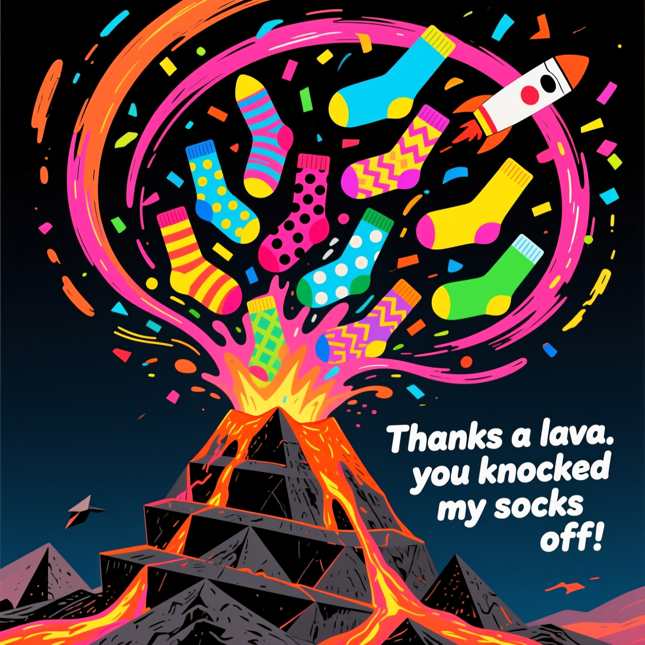 Portrait, bold abstract composition of geometric shapes and fluid curves in a high-contrast palette. A stylized volcano built from stacked charcoal and obsidian triangles and sweeping arcs erupts in a cyclone of neon brushstrokes and paint splatters. Dozens of mismatched colorful socks blast upward like confetti rockets—simplified but recognizable with heel/toe blocks—featuring loud patterns (stripes, polka dots, zigzags, argyle). Motion lines, palette-knife textures, and geometric shards emphasize explosive energy; glowing lava gradients (tangerine to hot pink) illuminate electric cyan, magenta, lemon yellow, lime, and cobalt socks against a deep midnight background. Strong negative space up top, dynamic spiral flow, playful and funny mood. Small caption integrated into the plume near the lower right in bold rounded sans-serif or hand-painted brush lettering, high contrast (white or lemon) with subtle warp to follow the curve: “Thanks a lava—you knocked my socks off!”
Generated with these themes: Colorful socks being blown out of a volcano, and .
Made with ❤️ by AI.