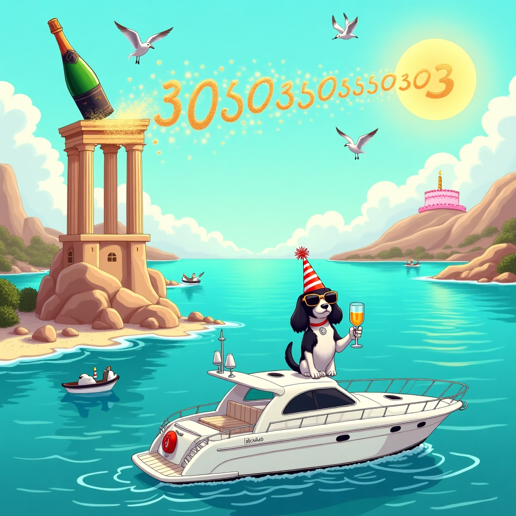 **Prompt:**  
At the top of the illustration image, "Alicia, it's your yacht-astrophic 30th—cheers to smooth seas & bubbly!"

A surreal illustration set in a sun-drenched, mythically dreamy Greek island seascape. A luxury white yacht floats on impossibly calm turquoise water that ripples in the shape of birthday candles. A bottle of champagne bursts from a broken column of a crumbling ancient Greek temple rising from the sea like a surreal birthday cake. Frothy bubbles float into the sky, transforming into glittering number "30"s before dissolving into the clouds.

At the bow of the yacht stands a poised black and white cocker spaniel in designer sunglasses and a party hat, confidently holding a glass of champagne with a paw. Seagulls wear tiny togas and party horns, flying in spirals around a sun made of golden olive leaves. Distant cliffs shaped like birthday gifts peek from the blue horizon, while Mount Olympus in the background wears a pink frosting snowcap with a single giant candle.

The entire scene hums with a playful absurdity, melting slightly at the edges as though painted on a dream.
Generated with these themes: Yacht Birthday, Yacht, Greece , Champagne , Black and white cocker, and 30.
Made with ❤️ by AI.