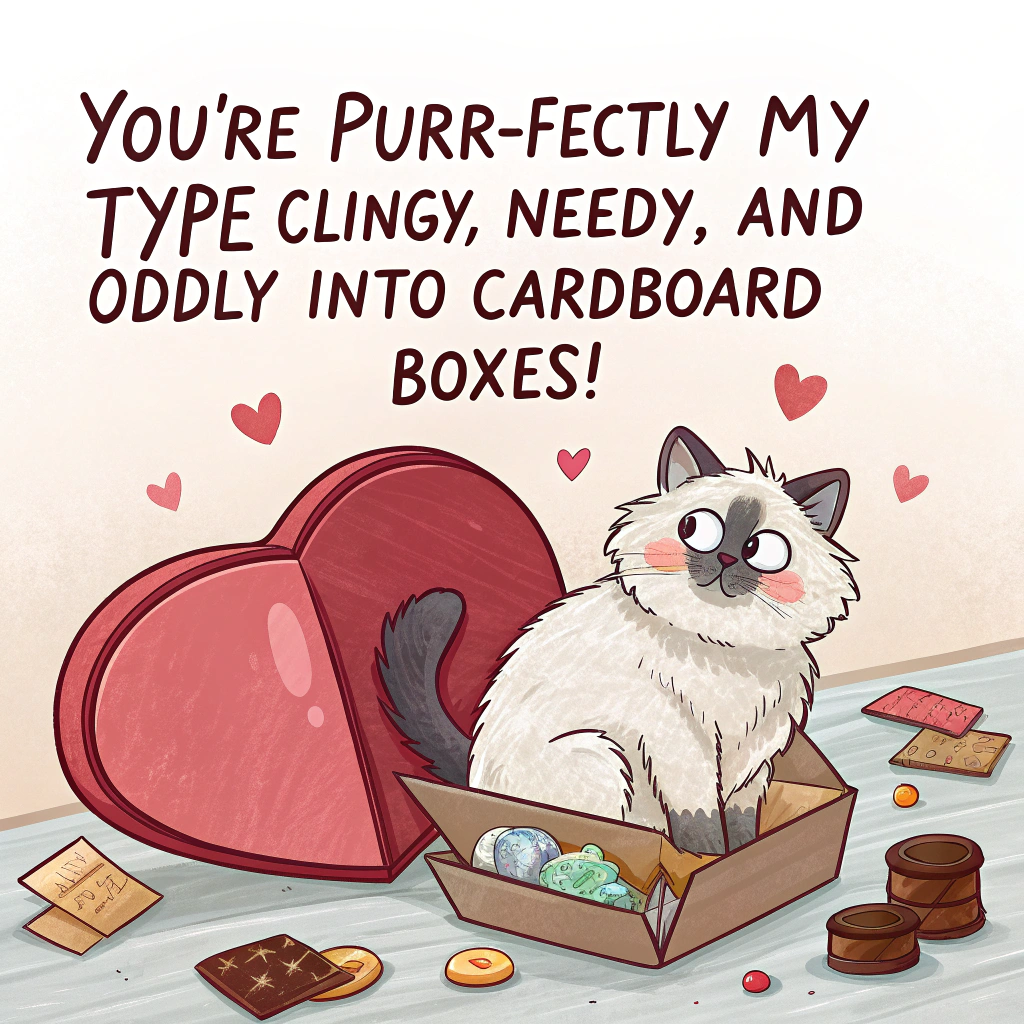 At the top of the image, "You're purr-fectly my type – clingy, needy, and oddly into cardboard boxes!"

- In the center of the image, illustrate a fluffy white Siamese cat sitting on a giant heart-shaped box of chocolates. The cat is dramatically draped across the top, guarding it like a dragon hoarding treasure. Its eyes are narrowed possessively.

- Scattered around are empty chocolate wrappers, shredded paper, and an exasperated cartoon human holding a half-chewed love note.

- Behind the cat, little hand-drawn sparkly hearts float upward as it smugly flicks its tail over a valentine card it’s clearly claimed as its own.

- The cat is wearing a tiny red bowtie, but looking thoroughly unimpressed.

At the bottom of the image, "You stole my heart… then sat on it for nine hours."
Generated with these themes: white siamese cat.
Made with ❤️ by AI.