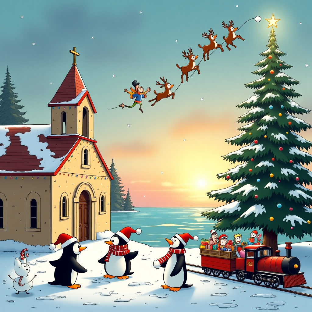 Picture a bustling, whimsical Christmas scene set in the charming seaside town of Caorle, where the picturesque Chiesa della Madonna dell’Angelo stands gracefully by the shore, dressed in a winter wonderland. The church, with its iconic bell tower, is adorned with twinkling fairy lights and a large, gleaming star perched atop, echoing the festive spirit of the season. Snow gently blankets the rooftops, and icicles hang from the edges, catching the light like crystals. 

In the foreground, animated penguins dressed in Santa hats and scarves are engaged in a friendly snowball fight, their expressions of surprise and laughter frozen in time, reminiscent of Charles Schulz’s playful style. One particularly cheeky penguin is midway through throwing a snowball that has magically formed the words "Buon Natale" as it sails through the crisp air. 

Nearby, a snowman stands proudly, holding a banner that reads "crea un'immagine di Caorle con la chiesa della madonna dell'angelo in un contesto natalizio e aggiungendo la scritta di buon natale in un lato." The banner flutters in the gentle breeze, and atop the snowman’s head sits a red and white Santa hat, slightly askew, adding a dash of mischief akin to Bill Watterson’s Calvin and Hobbes.

Above, the sky is a tapestry of soft pastels as the sun sets, with a flock of reindeer soaring across, harnessed to a sleigh laden with gifts, echoing the classic magic of Disney. One of the reindeer cheekily peeks over its shoulder, winking at the viewer, as if sharing an inside joke. 

To the side, nestled amongst the frosted pine trees, a group of elves is decorating a towering Christmas tree, reminiscent of a Tintin adventure, with baubles, candy canes, and gingerbread men. Beneath the tree, a toy train, crafted in intricate detail, circles merrily, while the ground is scattered with gifts wrapped in vibrant paper, their ribbons dancing in the gentle wind. 

All these elements come together to create a scene that is both nostalgic and full of whimsy, inviting the viewer to explore every corner and detail of this festive cartoon landscape.
Generated with these themes: crea un'immagine di Caorle con la chiesa della madonna dell'angelo in un contesto natalizio e aggiungendo la scritta di buon natale in un lato.
Made with ❤️ by AI.