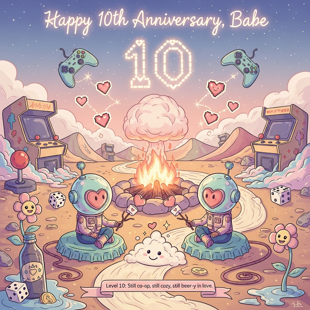 Fallout, games, campfires, beer , and Anniversary Card