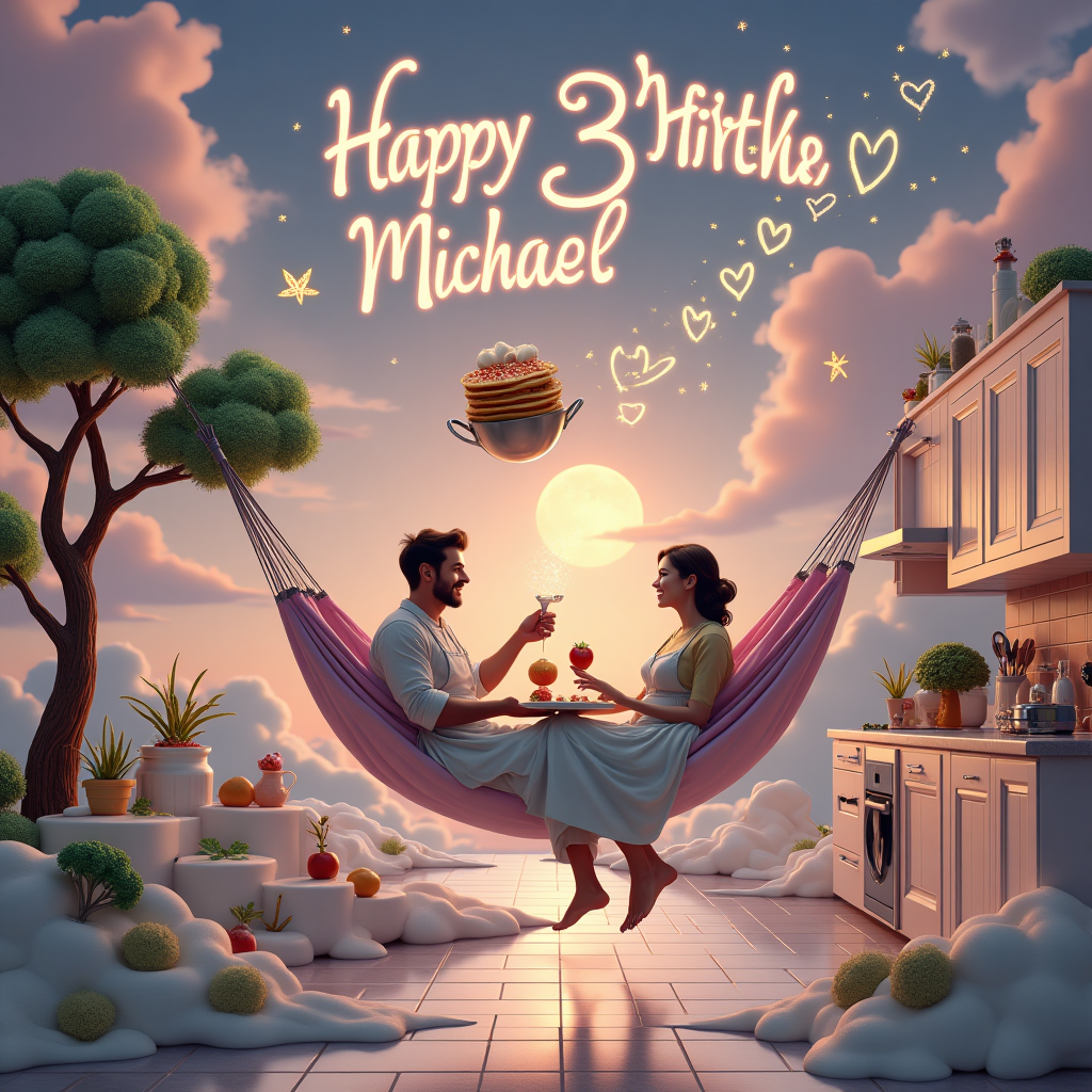 At the top of the Surreal Style image, "Happy 39th birthday Michael,," written in glowing whipped-cream calligraphy that gently melts into the sky

A Dali-inspired, dreamlike kitchen-landscape under a lavender-pink twilight: countertops flow like a calm ocean of milk, and a giant cast-iron skillet moon slowly drips warm honey-light. Center stage, Michael and his girlfriend lounge together in a hammock woven from oversized aprons, strung between two towering chrome whisks; they cuddle and laugh while sharing a floating, heart-shaped pancake dusted with strawberries. From a porcelain teapot subtly shaped like a cannabis leaf near them, a ribbon of luminous emerald steam curls into soft heart loops and subtly forms the number 39 in the air, drifting far from the child.

Comedy flourishes everywhere: bow-tied eggs juggle peas; salt and pepper shakers tango; a tomato with a tiny mustache delivers stand-up on a cutting board stage; spaghetti comets arc across the sky, occasionally looping into hearts. To the side, his young son—wearing an oversized chef’s hat and starry pajamas—stands on marshmallow steps that rise like clouds, whisking a small pot brimming with tiny constellations and giggling as stardust sprinkles the scene. Broccoli topiaries trimmed into hearts sway beside baguette-benches; melting ladle-lamp posts bend with gentle smiles; translucent butter-daisies bloom in the foreground.

Ethereal lighting, soft focus, and a romantic palette of blush, mint, and warm gold; reflective tiles shimmer, shadows are velvety, and everything feels weightless and serene. Hidden “39” shapes whisper through steam curls and looping noodles.

At the bottom in a small, playful caption: “Love is our secret herb.”
Generated with these themes: Cooking,, Comedy, His son, Cannabis, His girlfriend, Relaxing, and .
Made with ❤️ by AI.