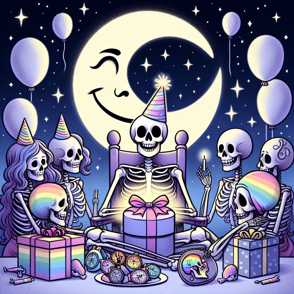 A whimsical yet charming illustration depicts a moonlit birthday gathering. Take note of a jovial skeleton, adorned in a party hat and comfortably sitting at the epicenter. The skeleton is filled with anticipation as it unwraps a gift, revealing a myriad of vibrant skeleton watches. Within the scene, the subtle presence of rainbow motifs and pairs of feminine skeletons manifesting camaraderie by holding hands is indicative of the celebration of their identity as lesbians. Everything is bathed in the gentle luminescence of a crescent moon which projects a welcoming smile.
Generated with these themes: Moon, Skeleton watches, and Being a lesbian.
Made with ❤️ by AI.