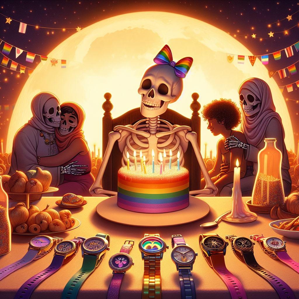 Imagine a heartwarming birthday scene taking place under a warm, glowing crescent moon. A skeleton wearing a rainbow ribbon bow is enthroned as the guest of honor, seated at a table laid with diverse skeleton-themed watches, meticulously crafted with utmost care and affection. The table and surrounding area are tastefully adorned with flags that signify lesbian pride. In the background, two skeletons of diverse descents, one Hispanic and one Middle-Eastern, enjoy a sweet moment together, their shared pride in their identity adding to the warmth and joy of the birthday celebration.
Generated with these themes: Moon, Skeleton watches, and Being a lesbian.
Made with ❤️ by AI.