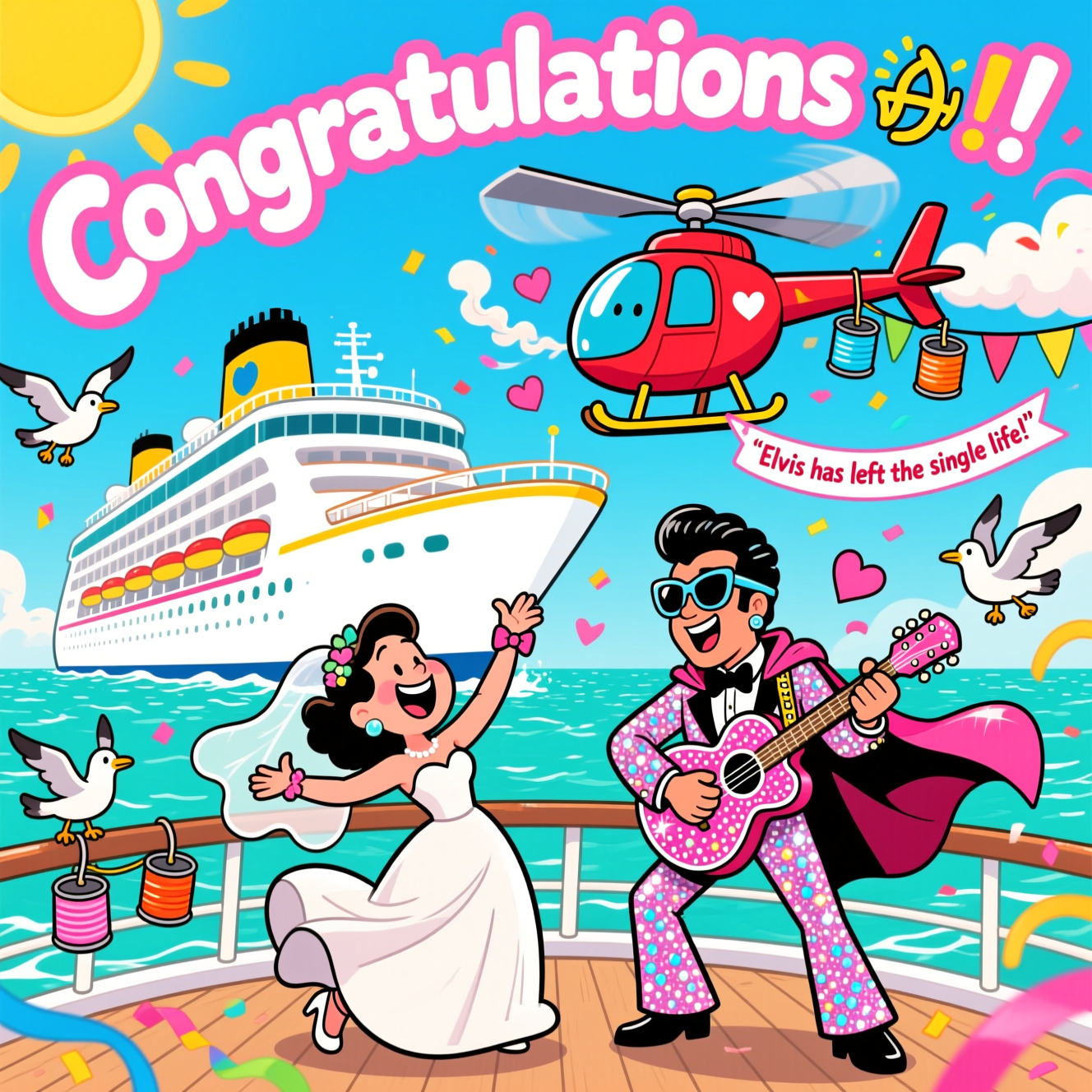 At the top of the Cartoon Style image, add the text "Congratulations 🥳 🥳🥳" in big bubbly white letters with a hot-pink outline, arched across a sunny sky.

Playful, bright, funny cartoon scene on the open sea: a gigantic white Cruise ship with candy colors and chunky, thick outlines sails across turquoise water. On the sunlit deck, two exuberant newlyweds (oversized smiles, lively poses, exaggerated proportions) do a dramatic dip-and-twirl. Beside them, a glittery Cartoon Elvis officiant in a rhinestone jumpsuit, cape fluttering, pompadour and oversized sunglasses, strikes a hip-shaking pose while strumming a sparkly heart-shaped guitar. Overhead, a cheerful red Helicopter with chunky skids hovers, its rotor wash puffing out heart-shaped confetti that swirls around the couple like a glowing frame. Tin cans dangle comically from the helicopter skids, streamers flutter, and seagulls in tiny bow ties cheer them on. Bold, saturated palette (turquoise, hot pink, sunshine yellow, electric blue), thick black outlines, and bouncy motion lines amplify the energy and humor.

Add one extra cheeky line of text as a small trailing banner from the Helicopter: “Elvis has left the single life!”
Generated with these themes: Elvis, Cruise, Helicopter , and .
Made with ❤️ by AI.